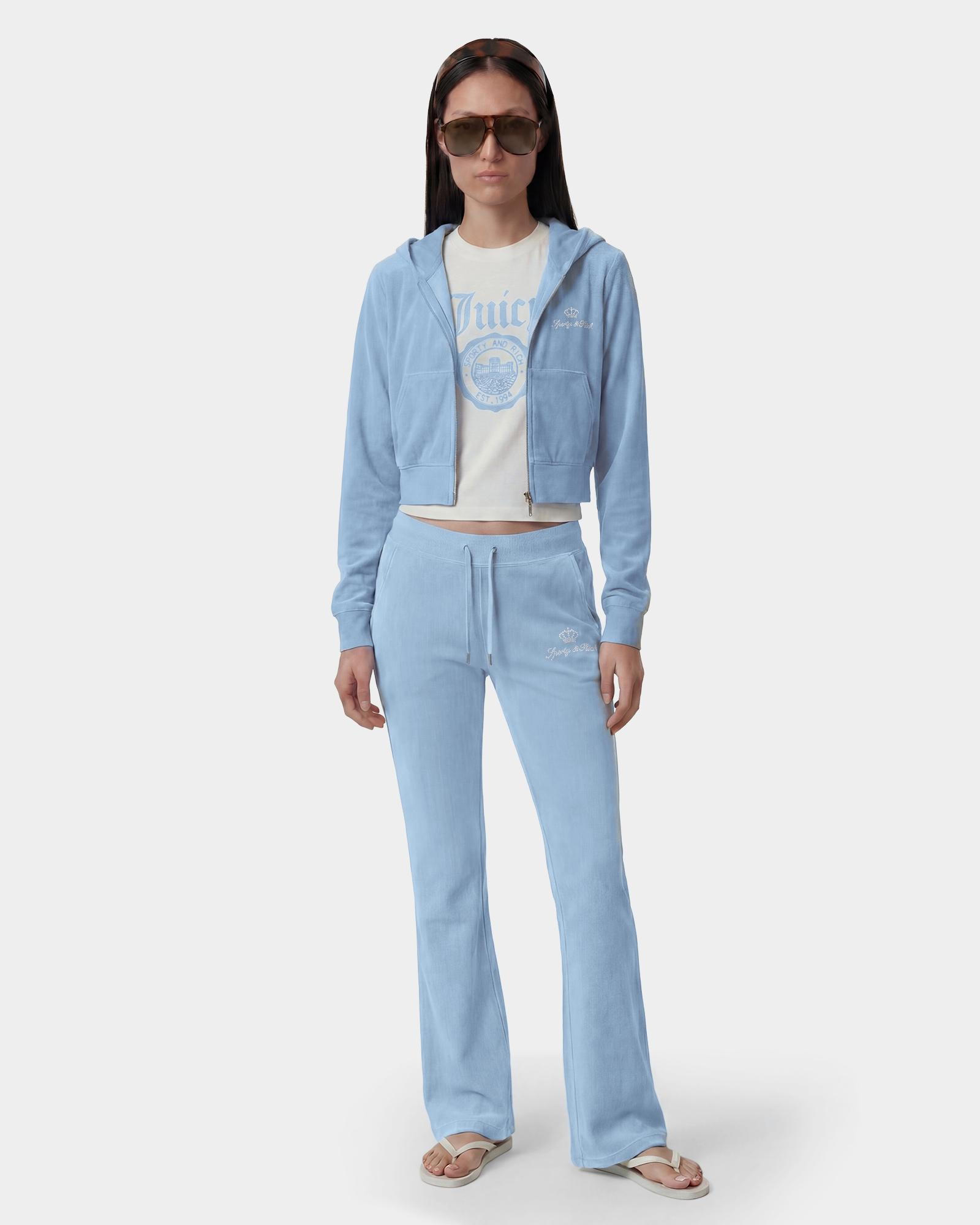 Sweat à capuche zippé en velours « Juicy Script » - Bleu ciel