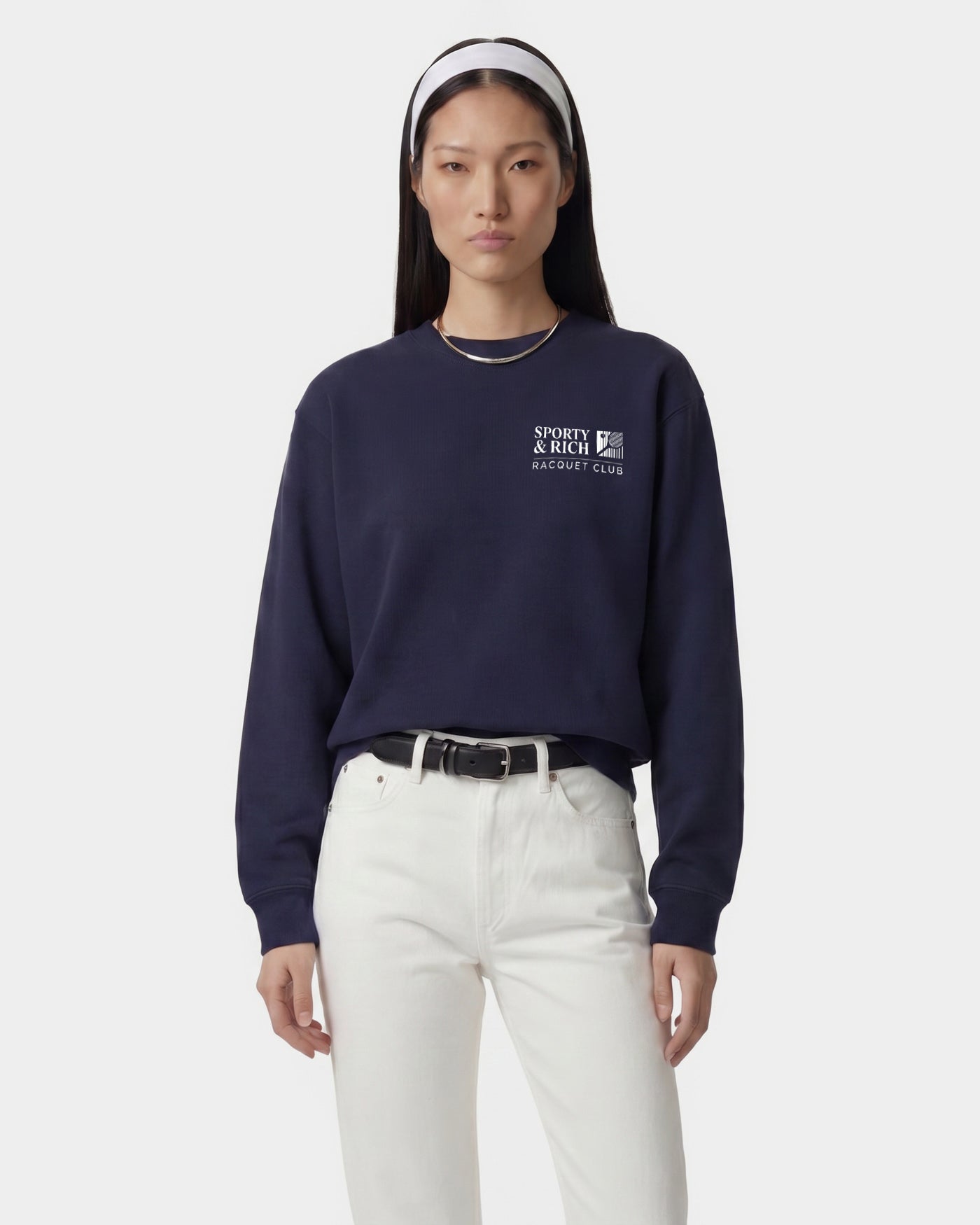 Pull à col rond Promo - Bleu marine/Blanc