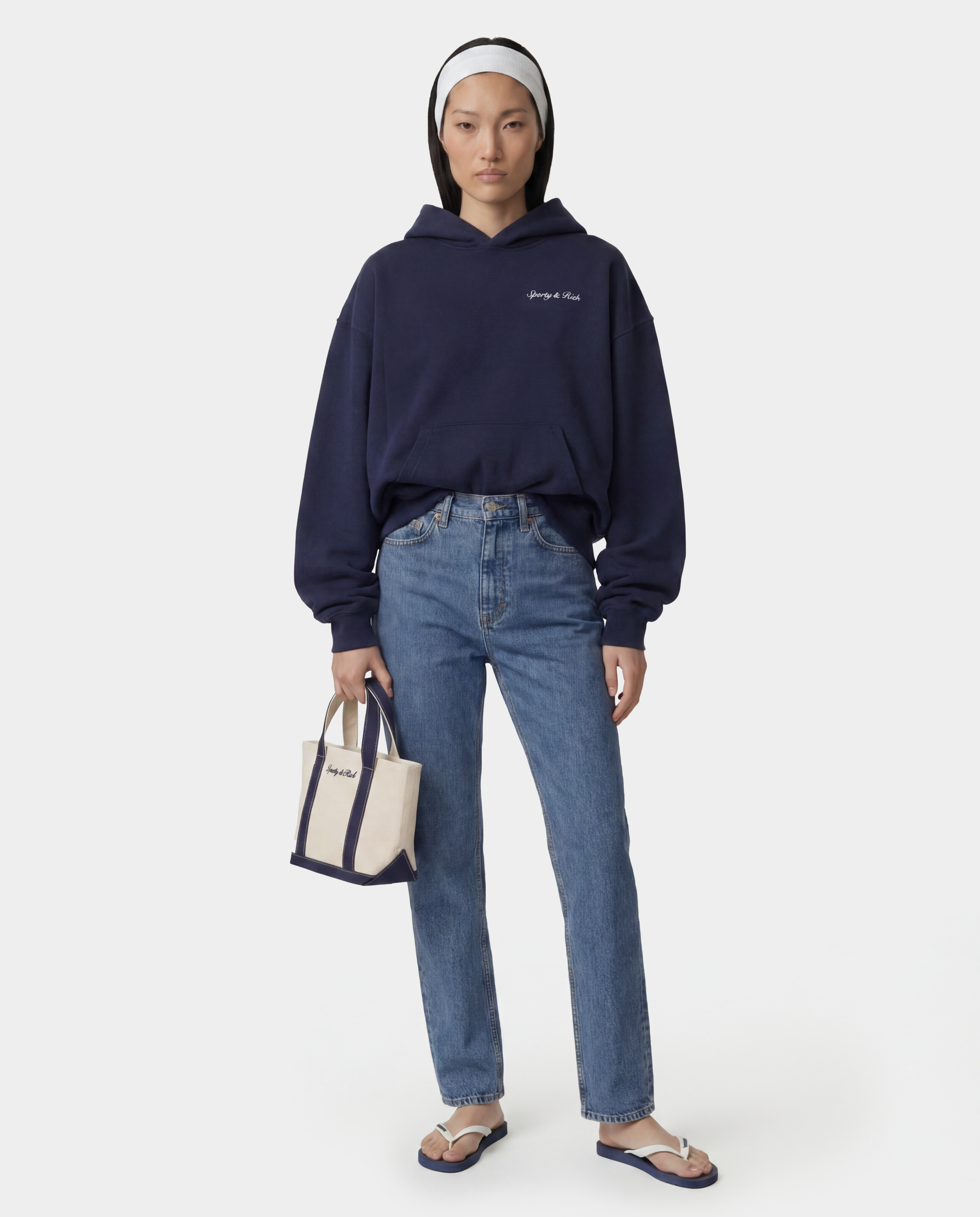 Sweat à capuche brodé « Syracuse » - Bleu marine/Blanc