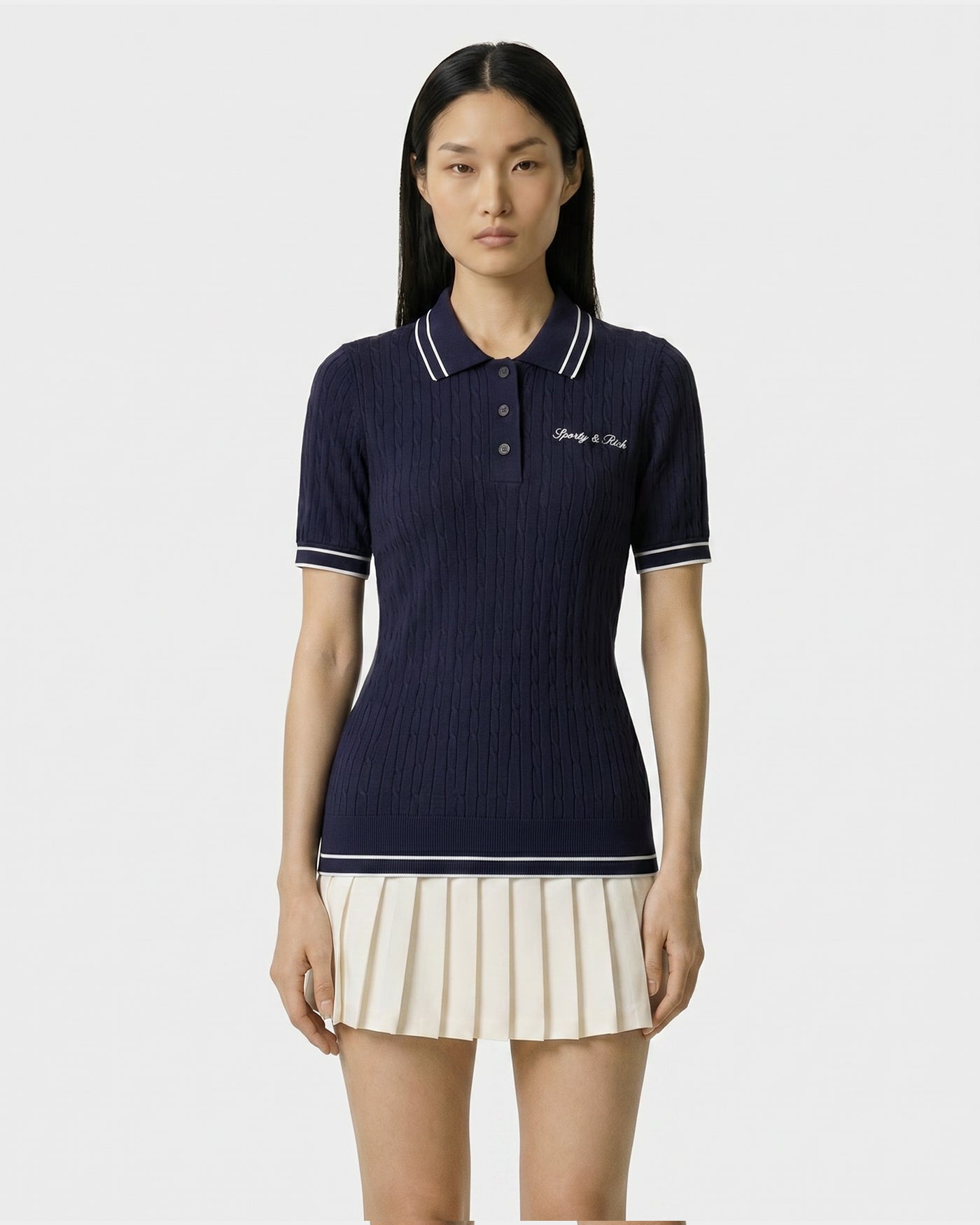 Polo à mini-torsades et logo Signature - Bleu marine/Blanc
