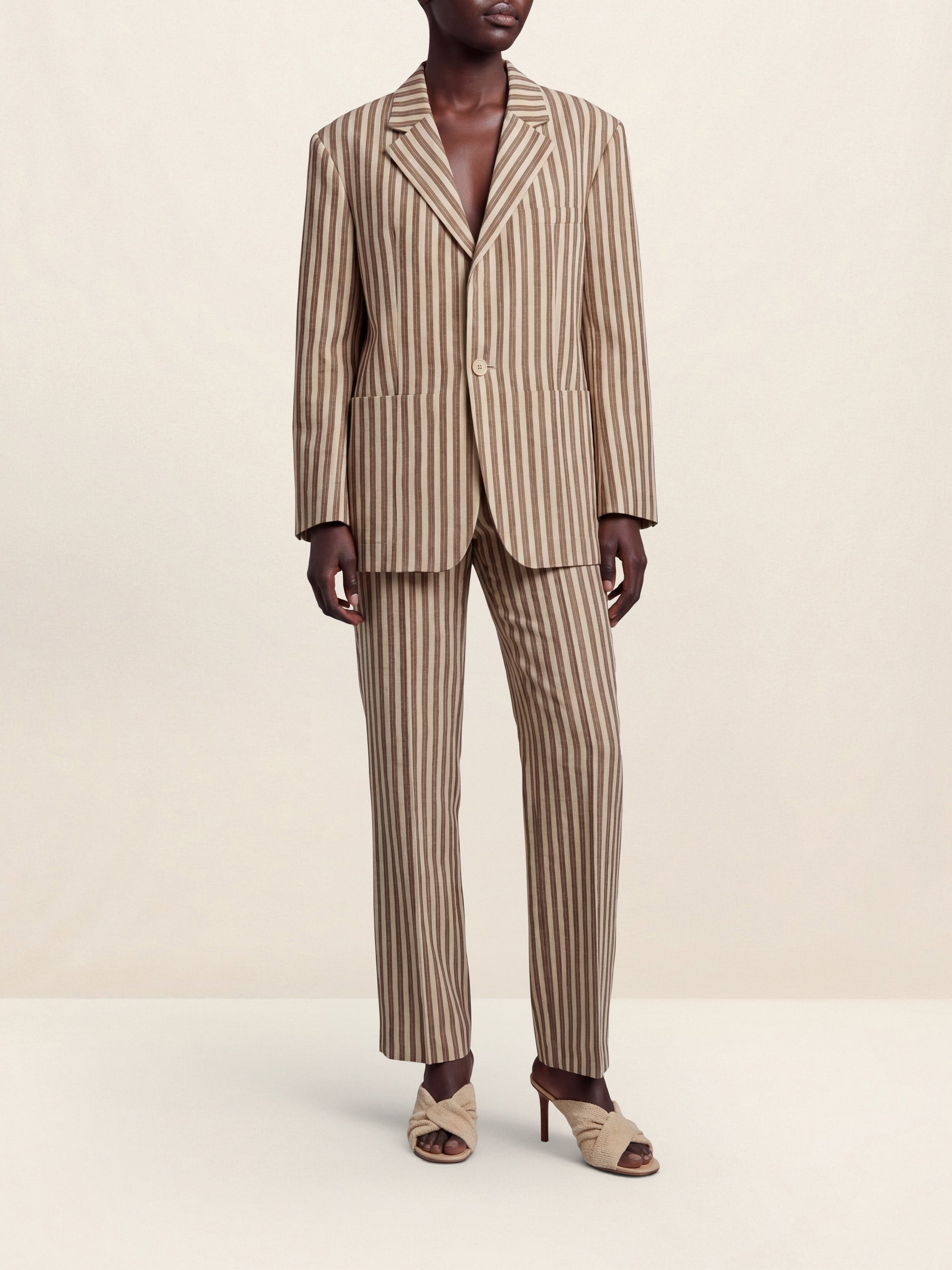 Veste blazer à rayures en soie mélangée - Beige Brown Stripes