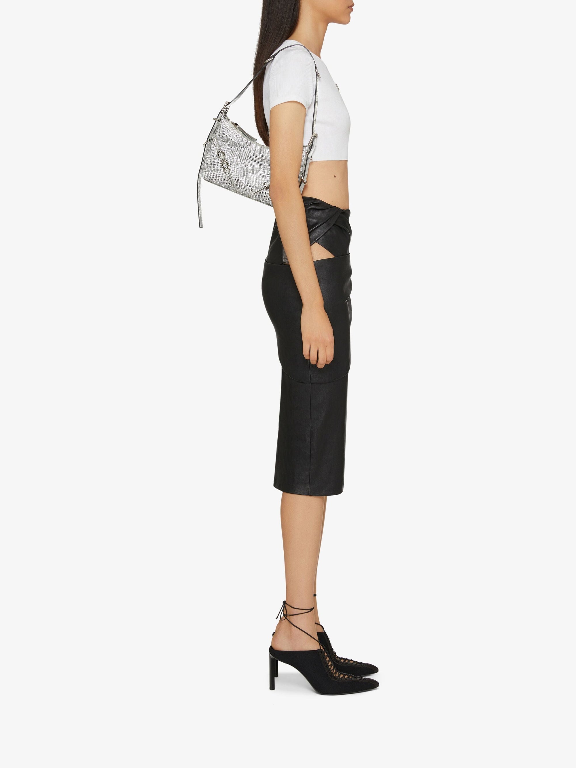 Voyou mini satin bag with rhinestones and leather - Silvery Grey