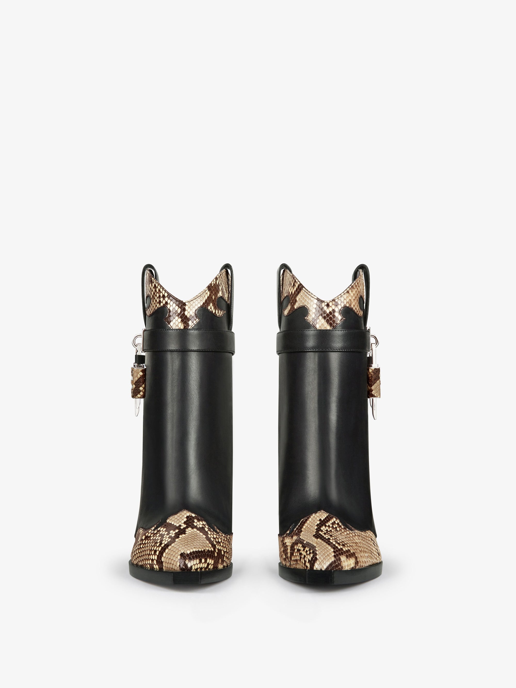 Bottines Shark Lock Cowboy 60 en cuir et python - Black & Beige