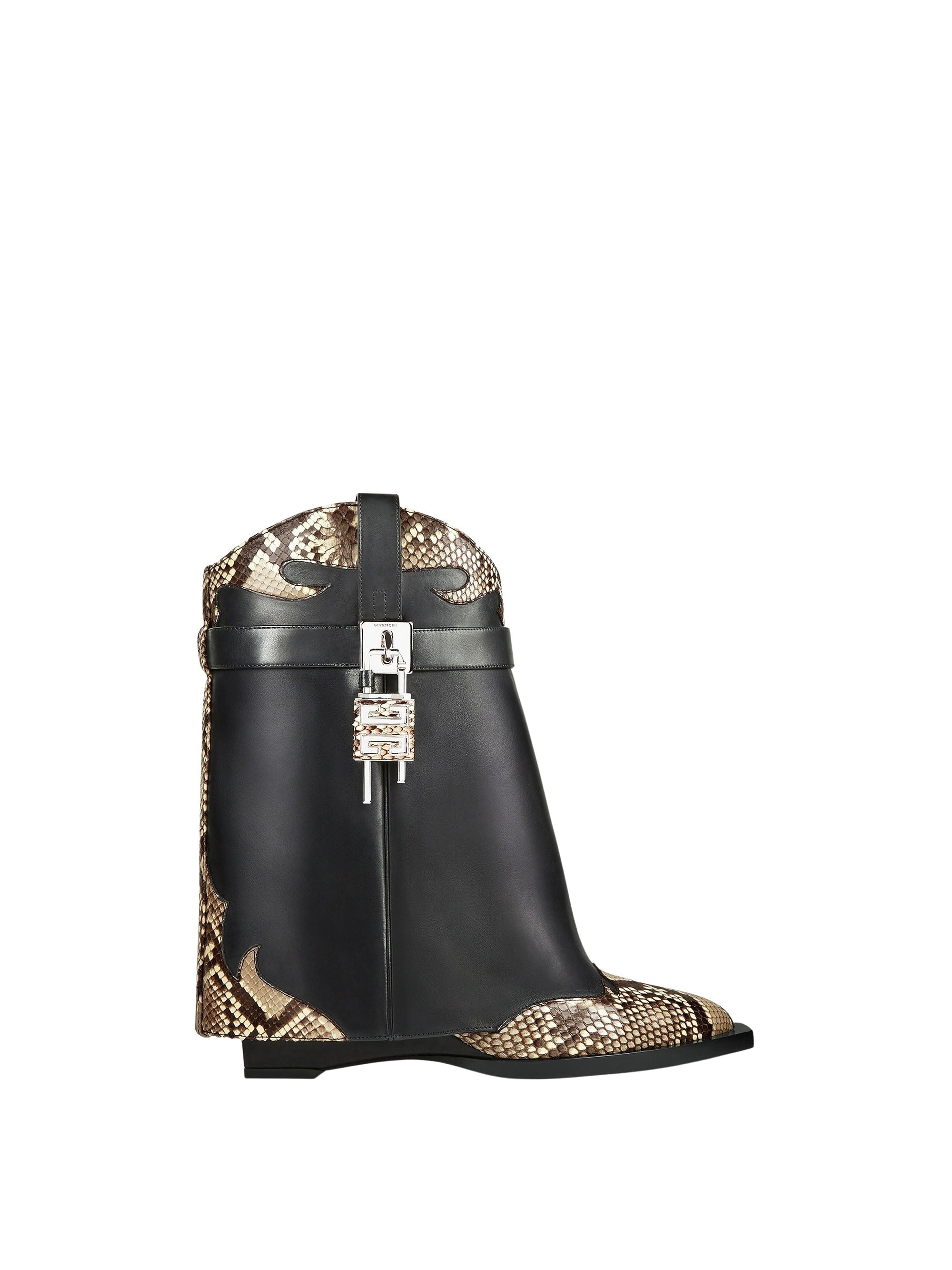 Bottines Shark Lock Cowboy 60 en cuir et python - Black & Beige