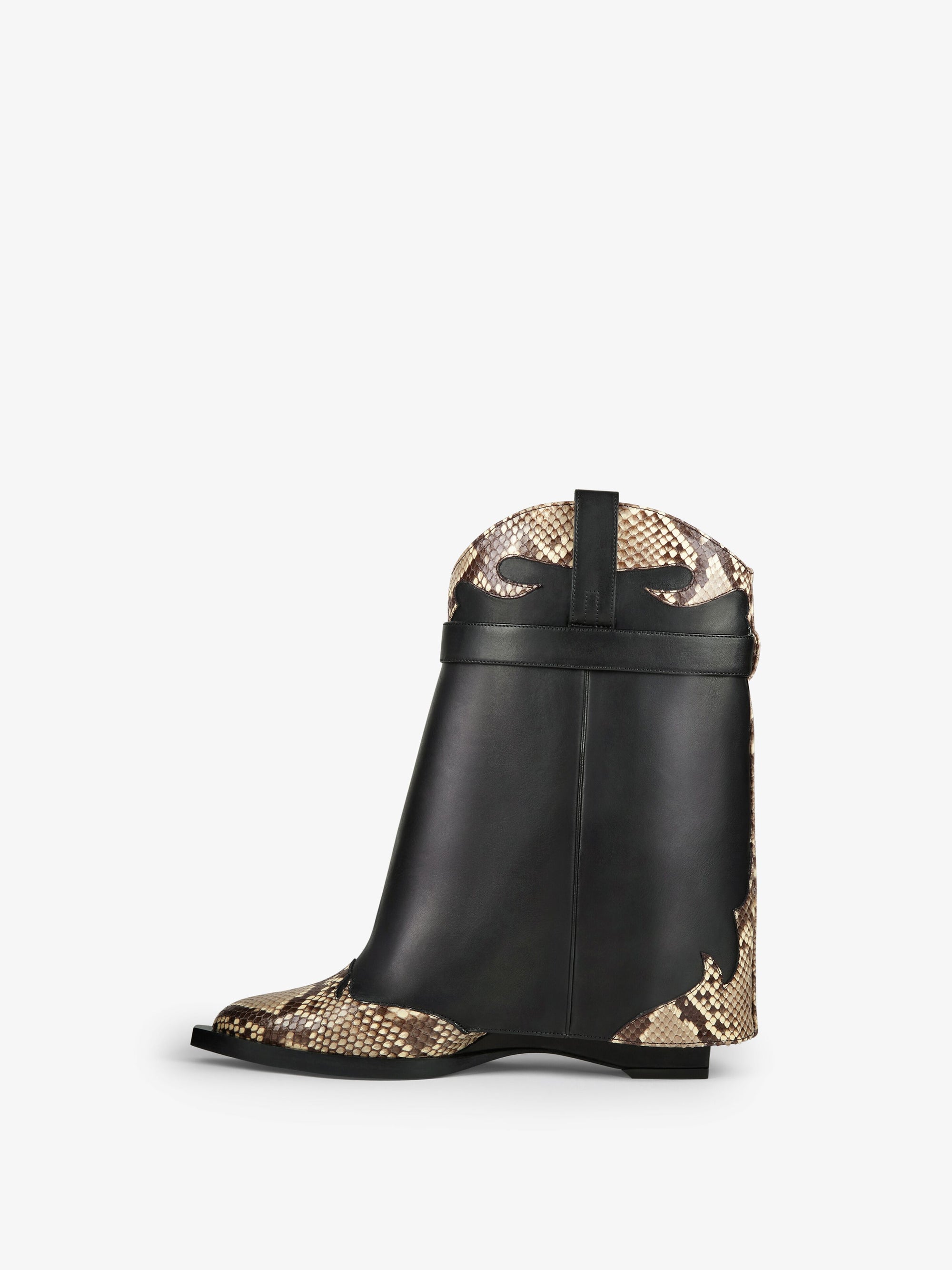 Bottines Shark Lock Cowboy 60 en cuir et python - Black & Beige