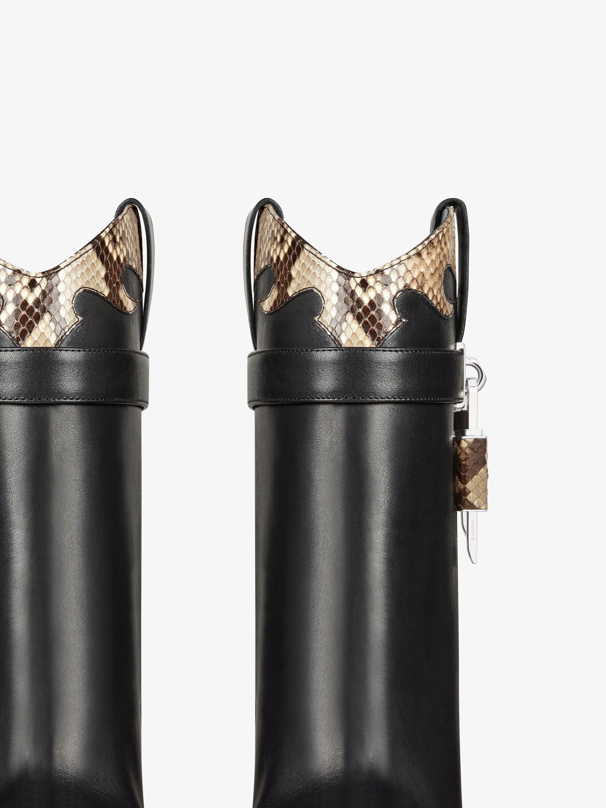 Bottines Shark Lock Cowboy 60 en cuir et python - Black & Beige