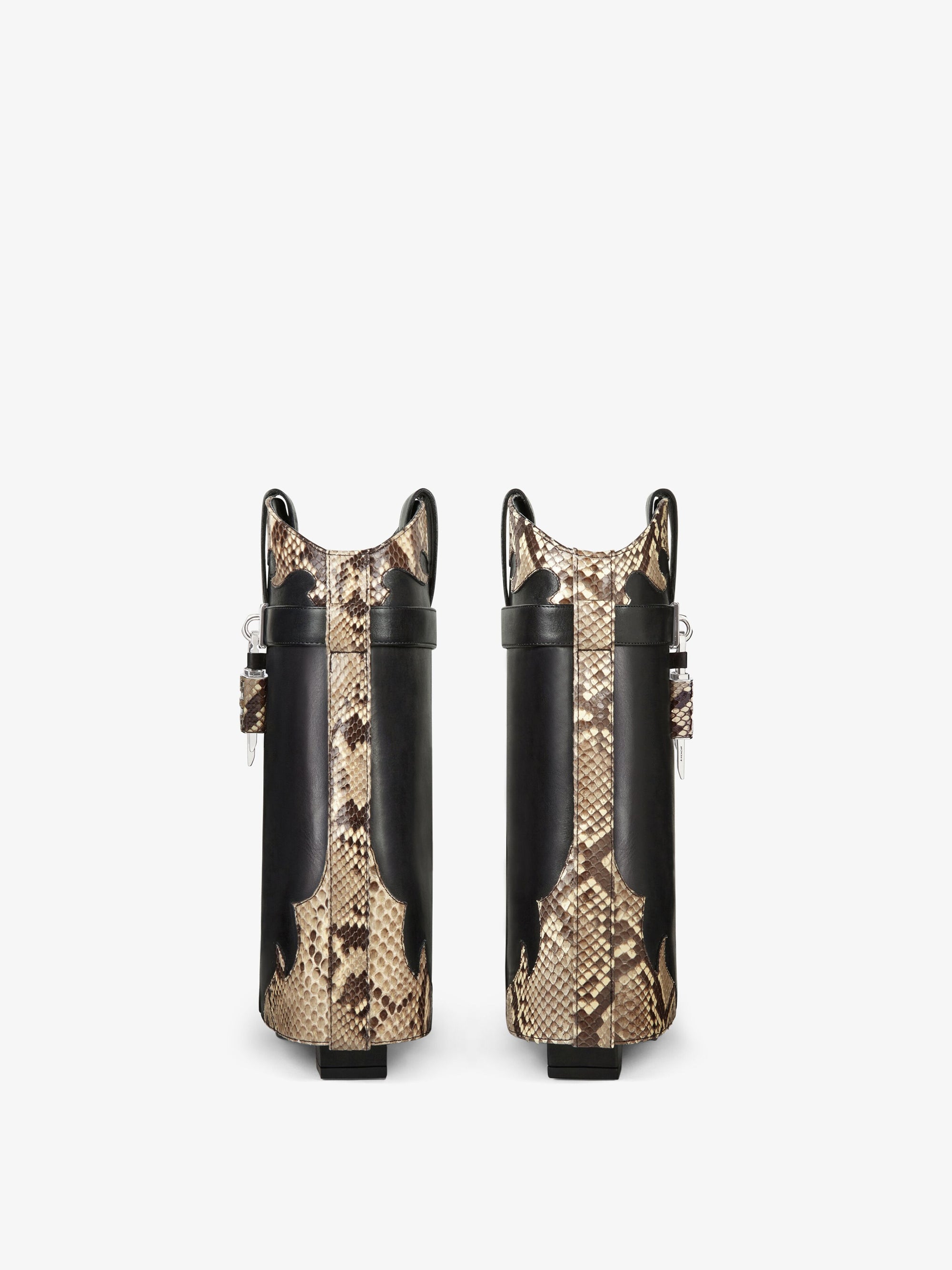 Bottines Shark Lock Cowboy 60 en cuir et python - Black & Beige