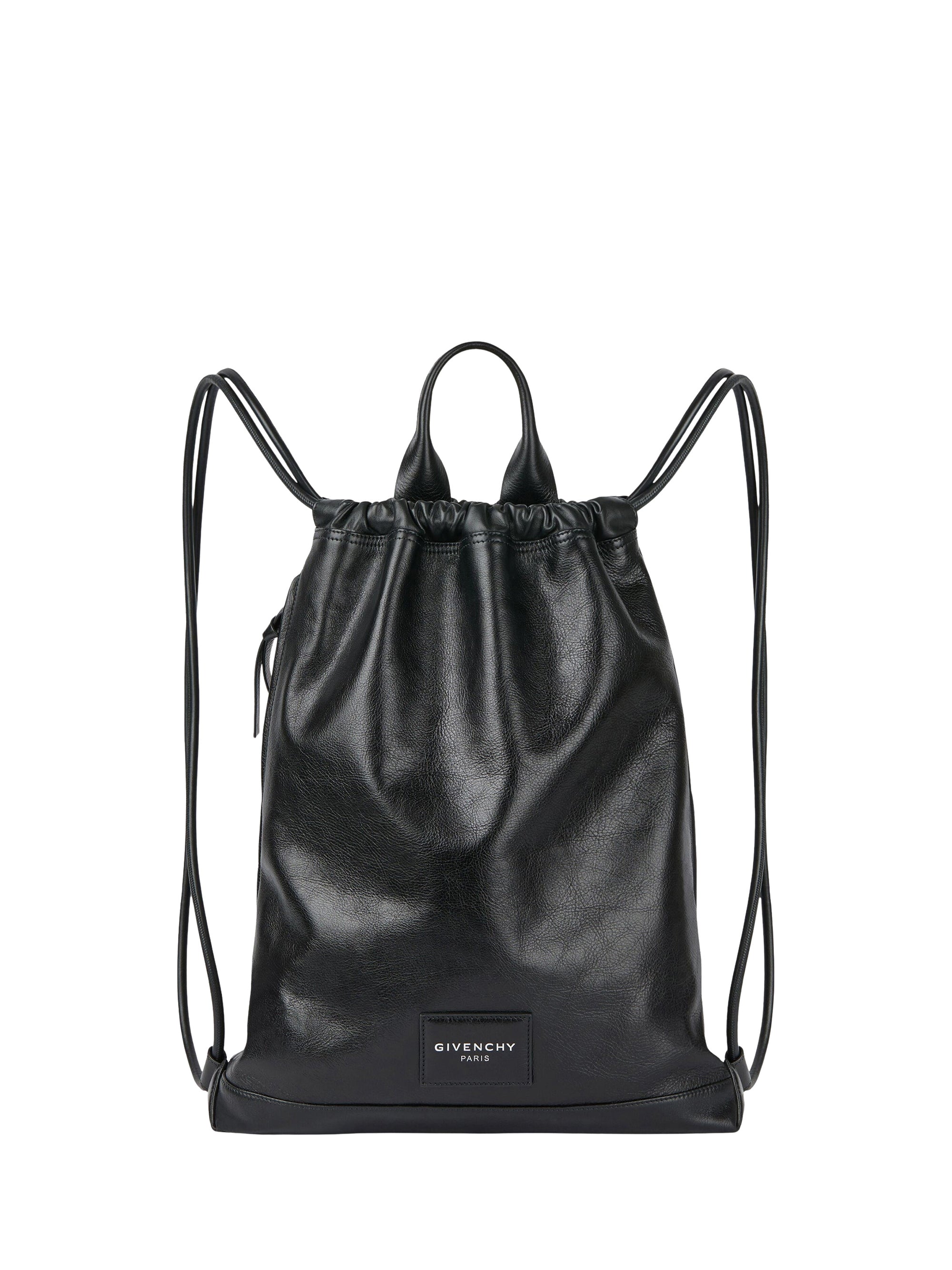 Leather Drawstring Bucket Bag - Black