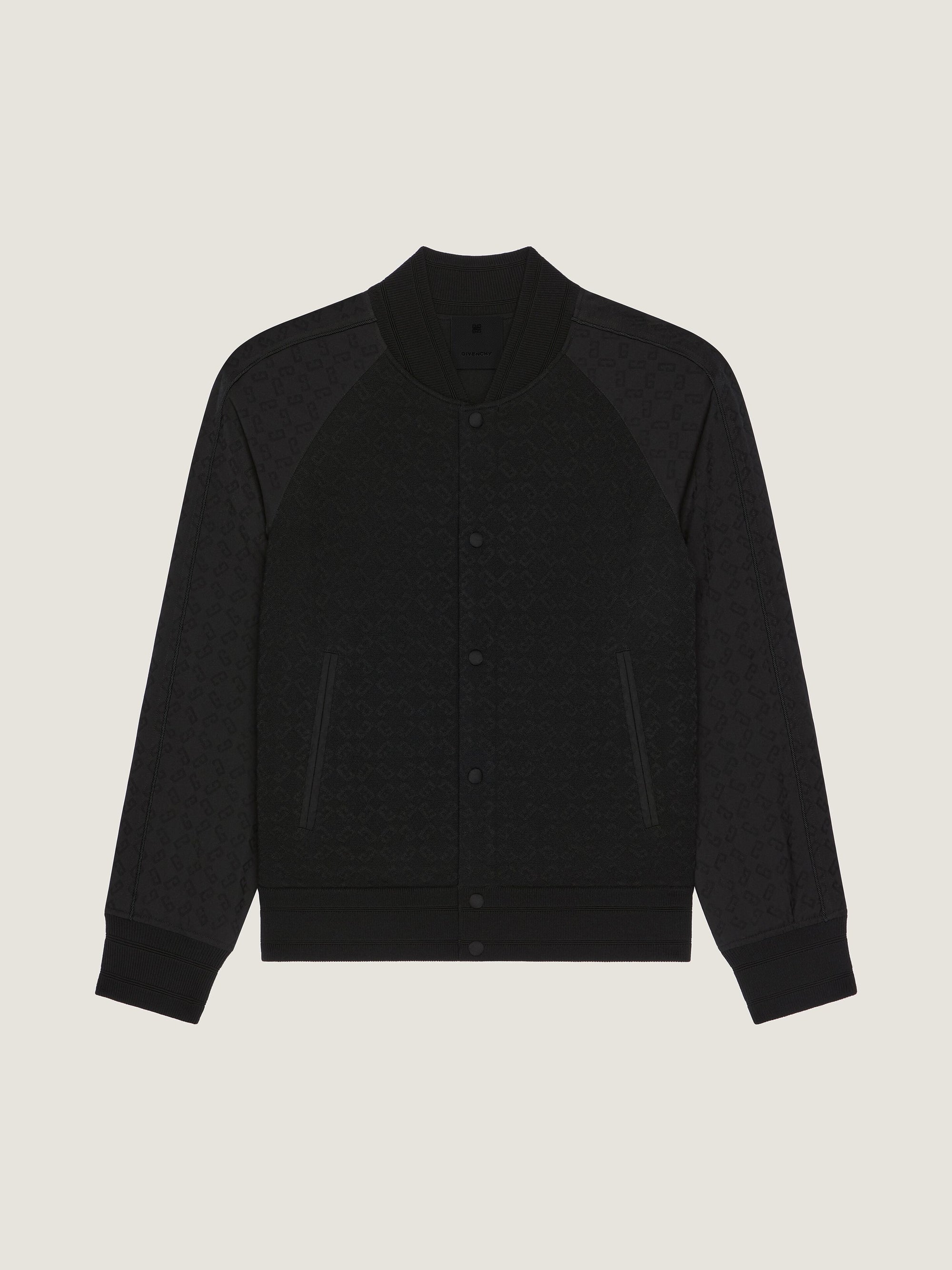 KNIT VARSITY JACKET WITH WOVEN SLEEVES