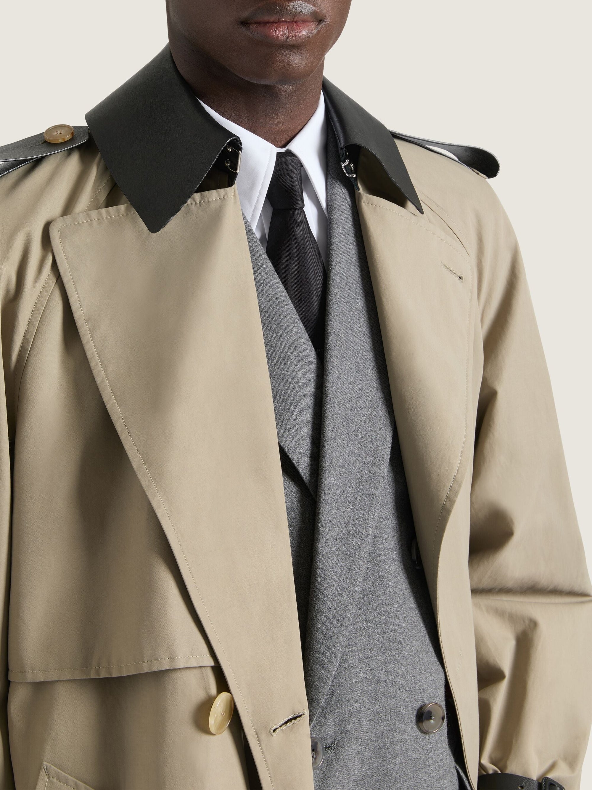 Trench long détails cuir - Beige