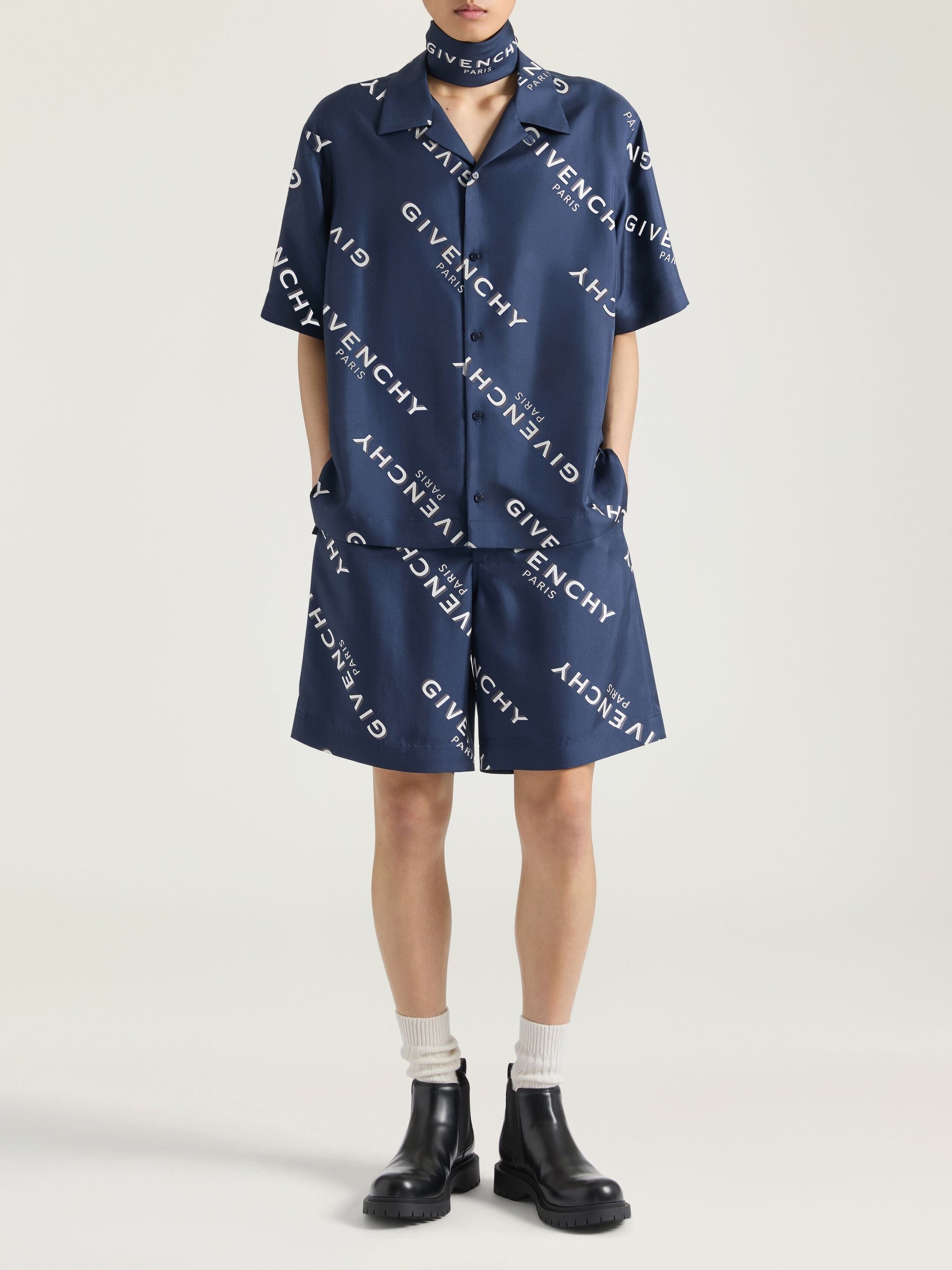 Short à taille élastiquée en soie - Navy