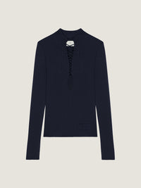 LACE UP NECK LONG SLEEVE SWEATER