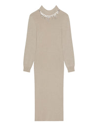 Robe brodée à franges cristal en laine - Natural Beige