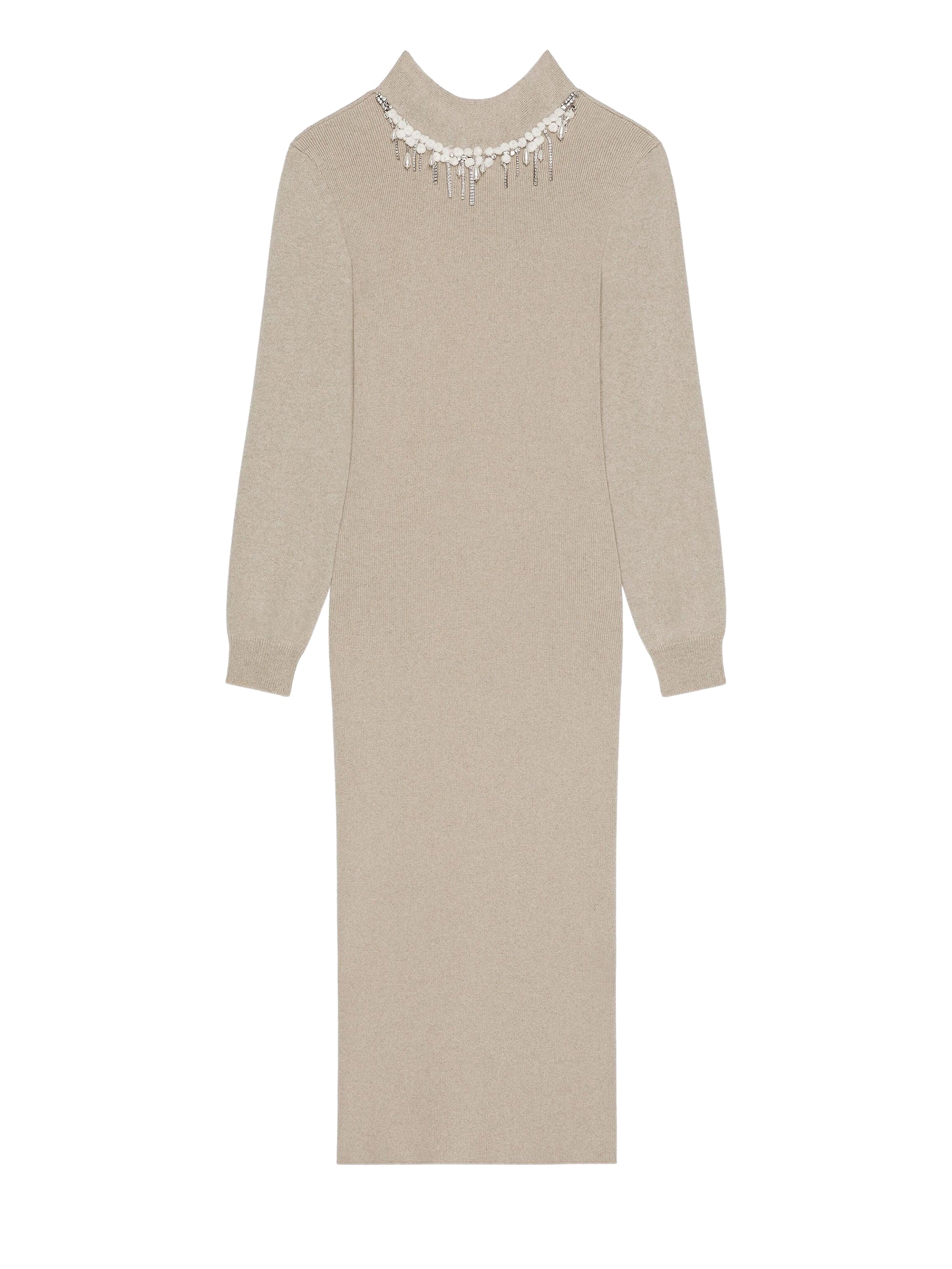 Robe brodée à franges cristal en laine - Natural Beige