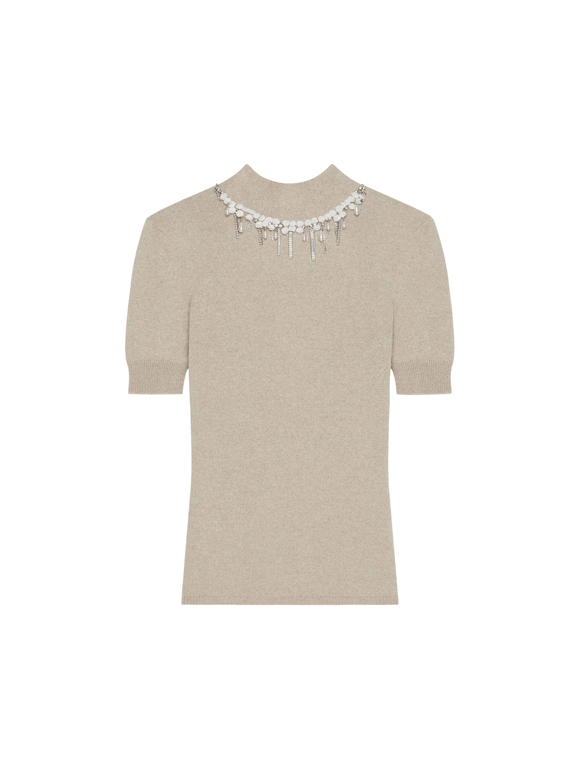 Pull brodé à franges cristal en laine - Natural Beige