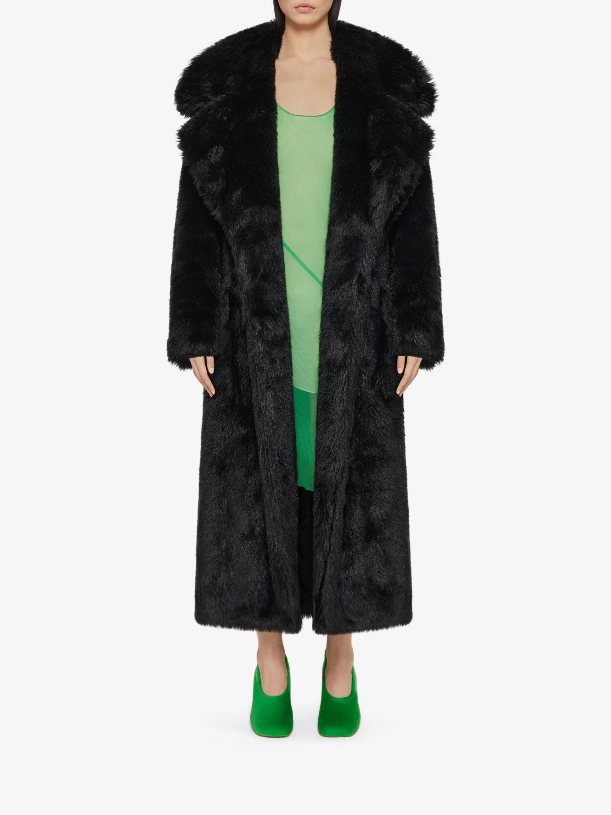 Manteau croisé en fausse fourrure - Noir