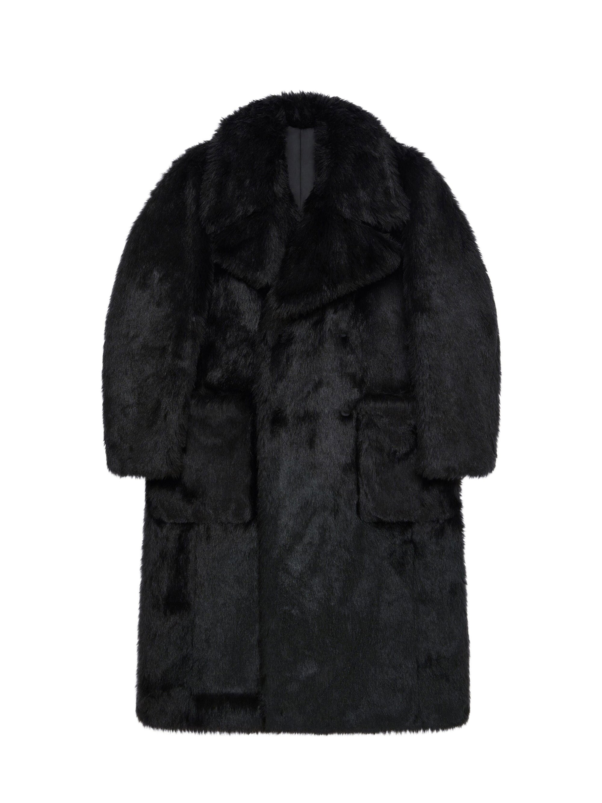 Manteau croisé en fausse fourrure - Noir