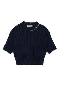Pull à manches courte à broderie en maille - Blue Navy