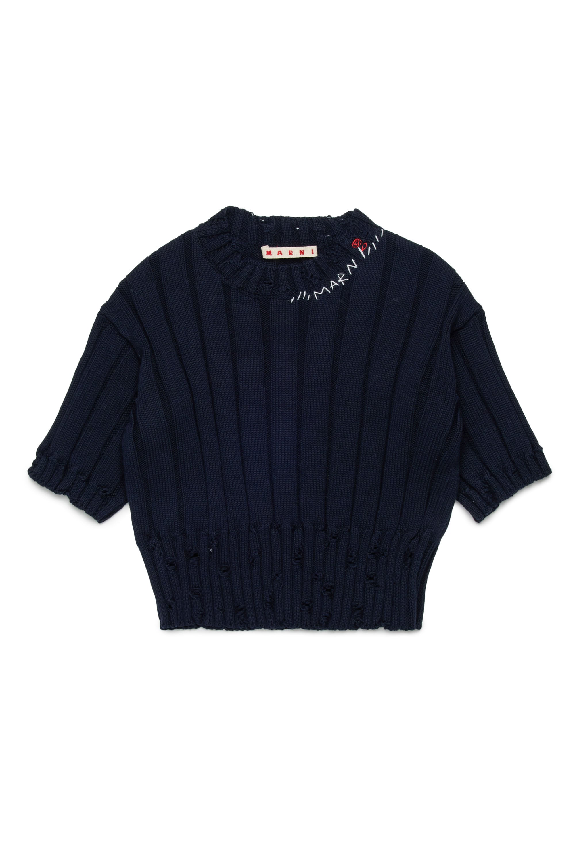 Pull à manches courte à broderie en maille - Blue Navy