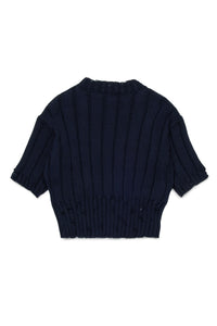 Pull à manches courte à broderie en maille - Blue Navy
