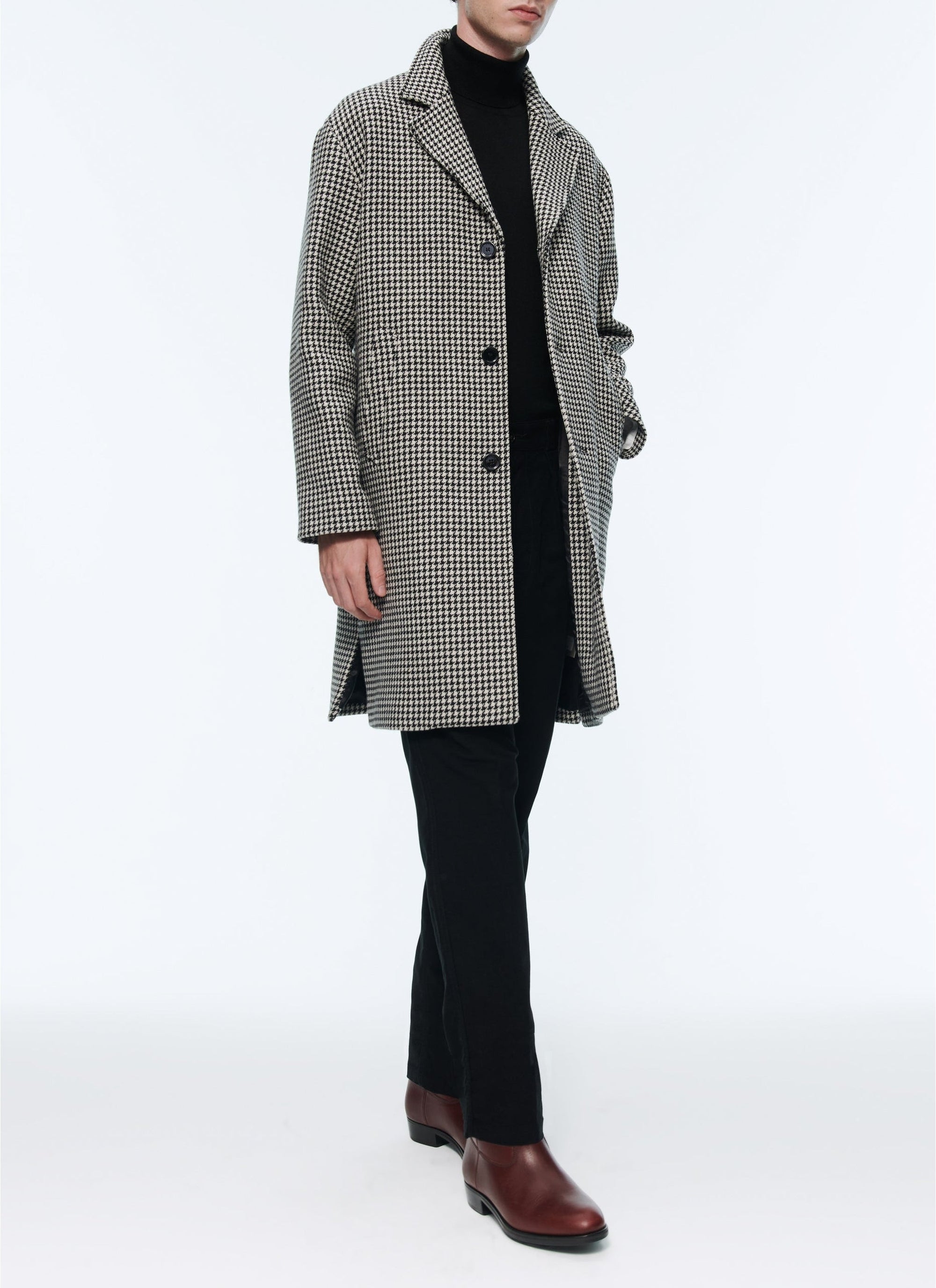 Manteau en drap de laine à motif pied de poule - Noir & Blanc