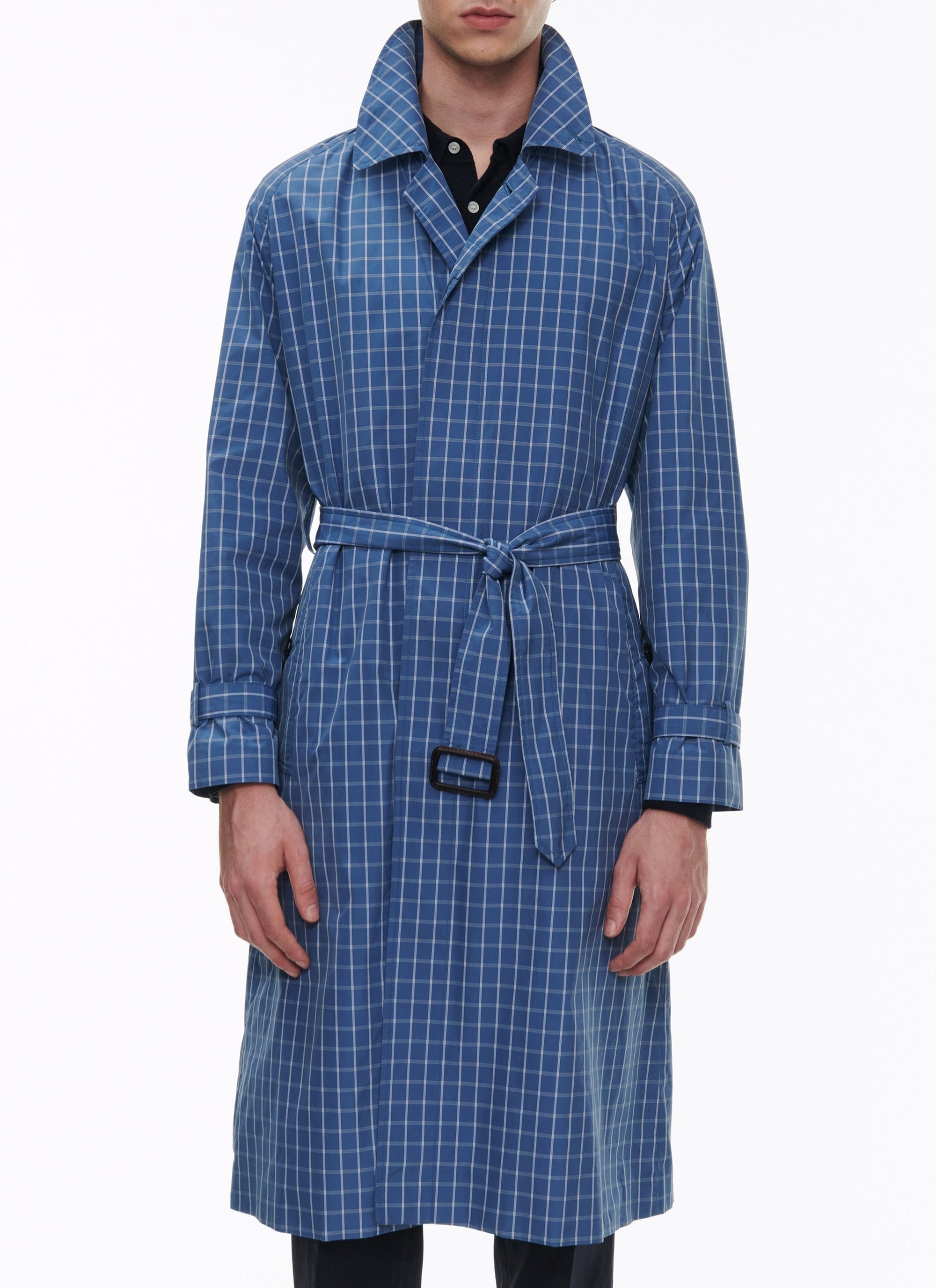 Trench-coat en toile déperlante à carreaux - Bleu