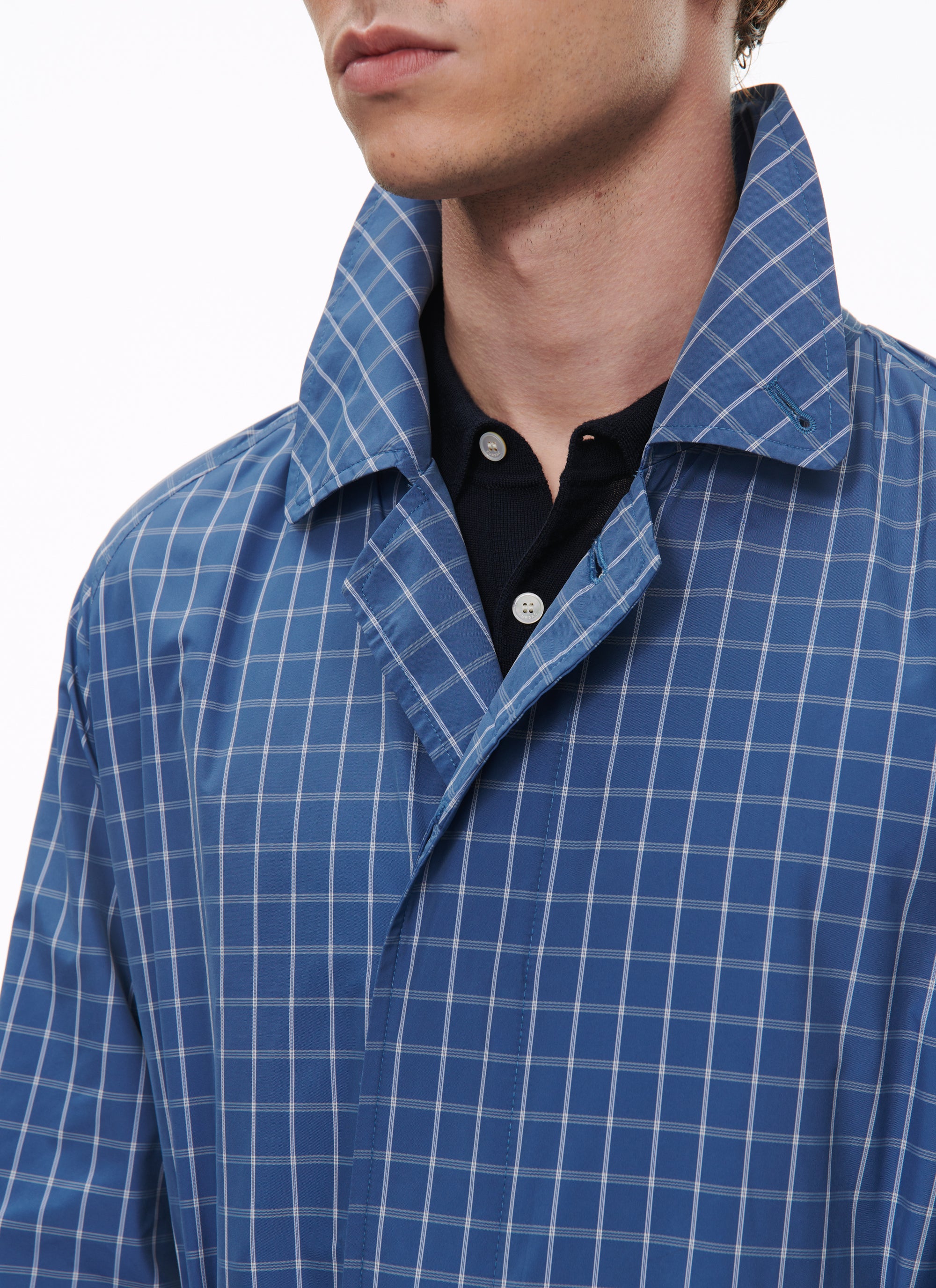 Trench-coat en toile déperlante à carreaux - Bleu