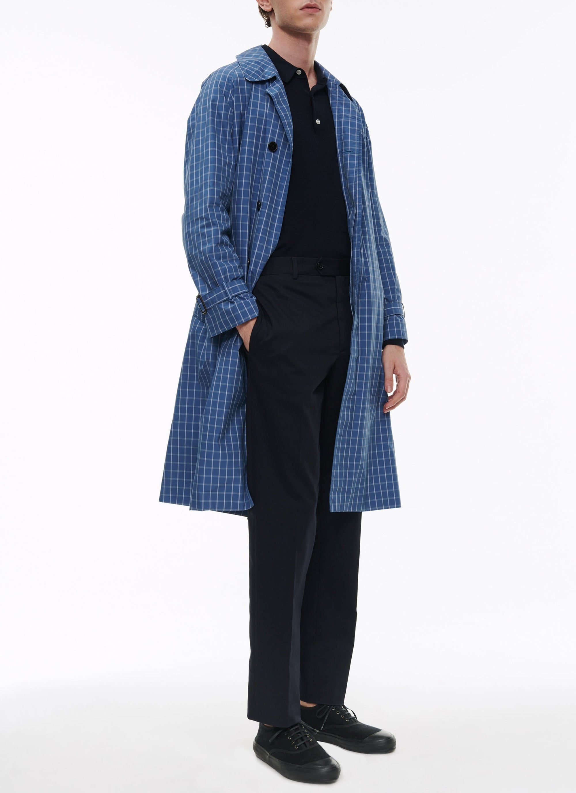 Trench-coat en toile déperlante à carreaux - Bleu