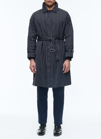 Belted long coat with stripes - Navy