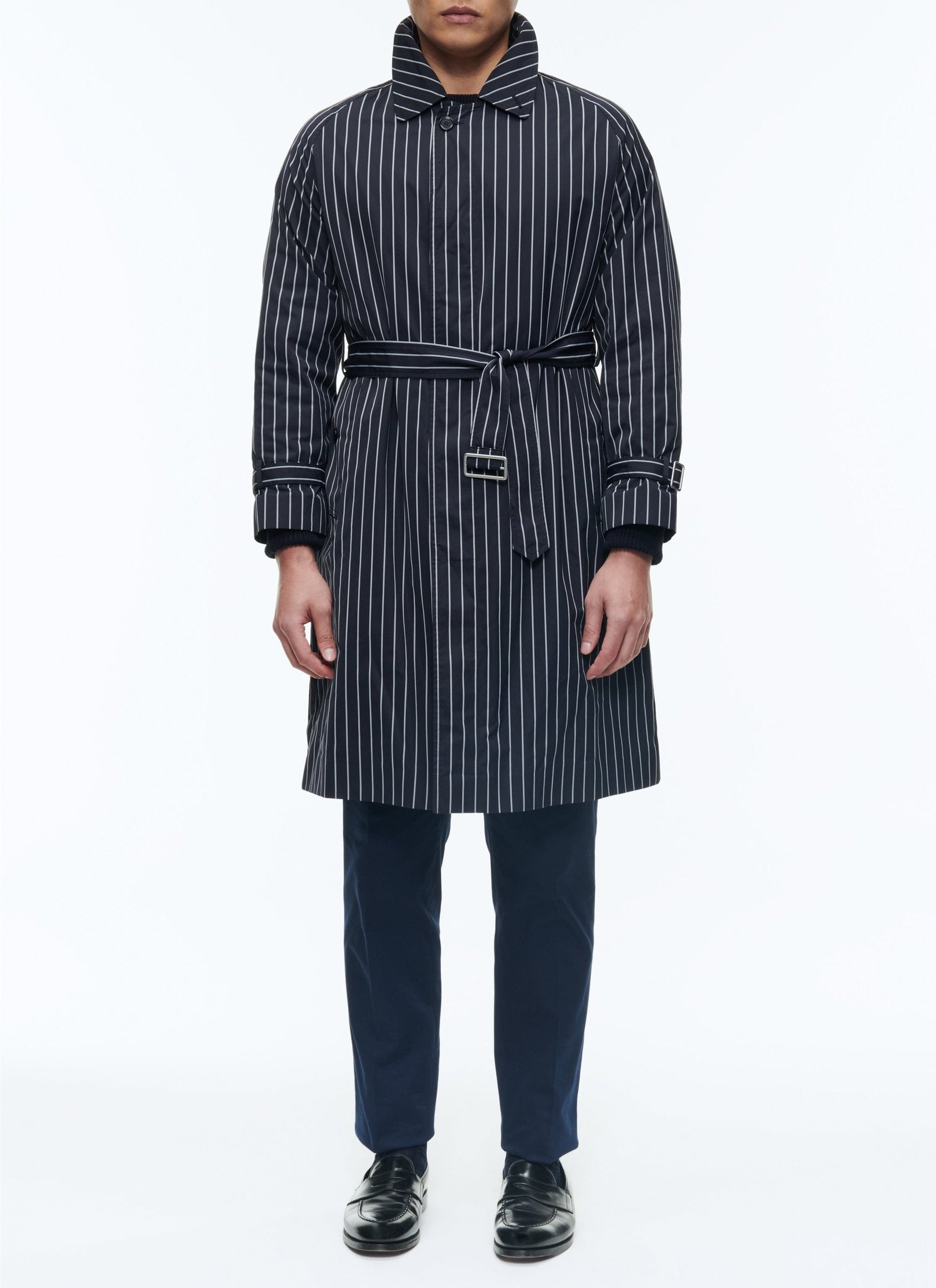 Belted long coat with stripes - Navy