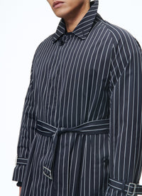 Belted long coat with stripes - Navy