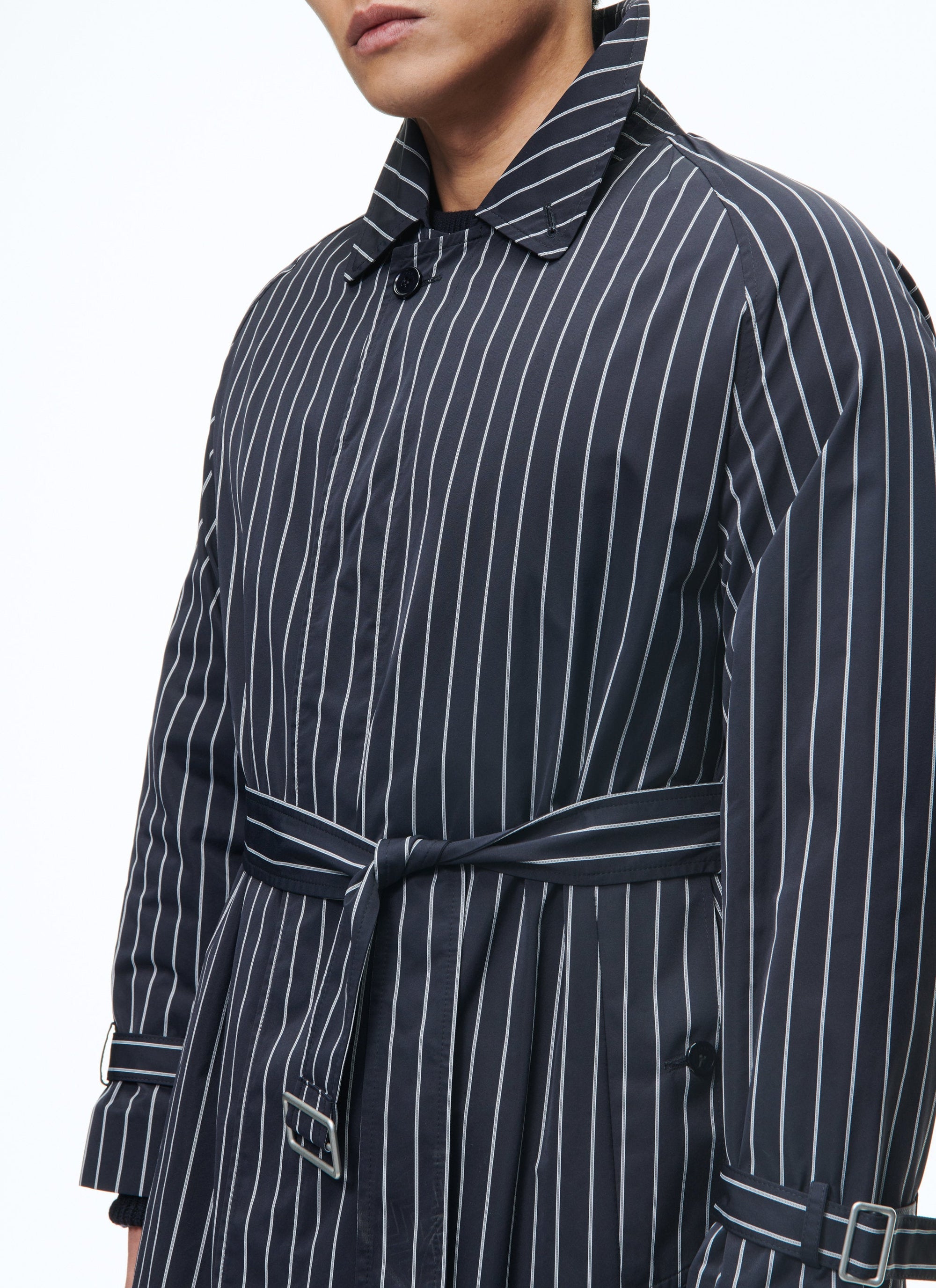 Belted long coat with stripes - Navy