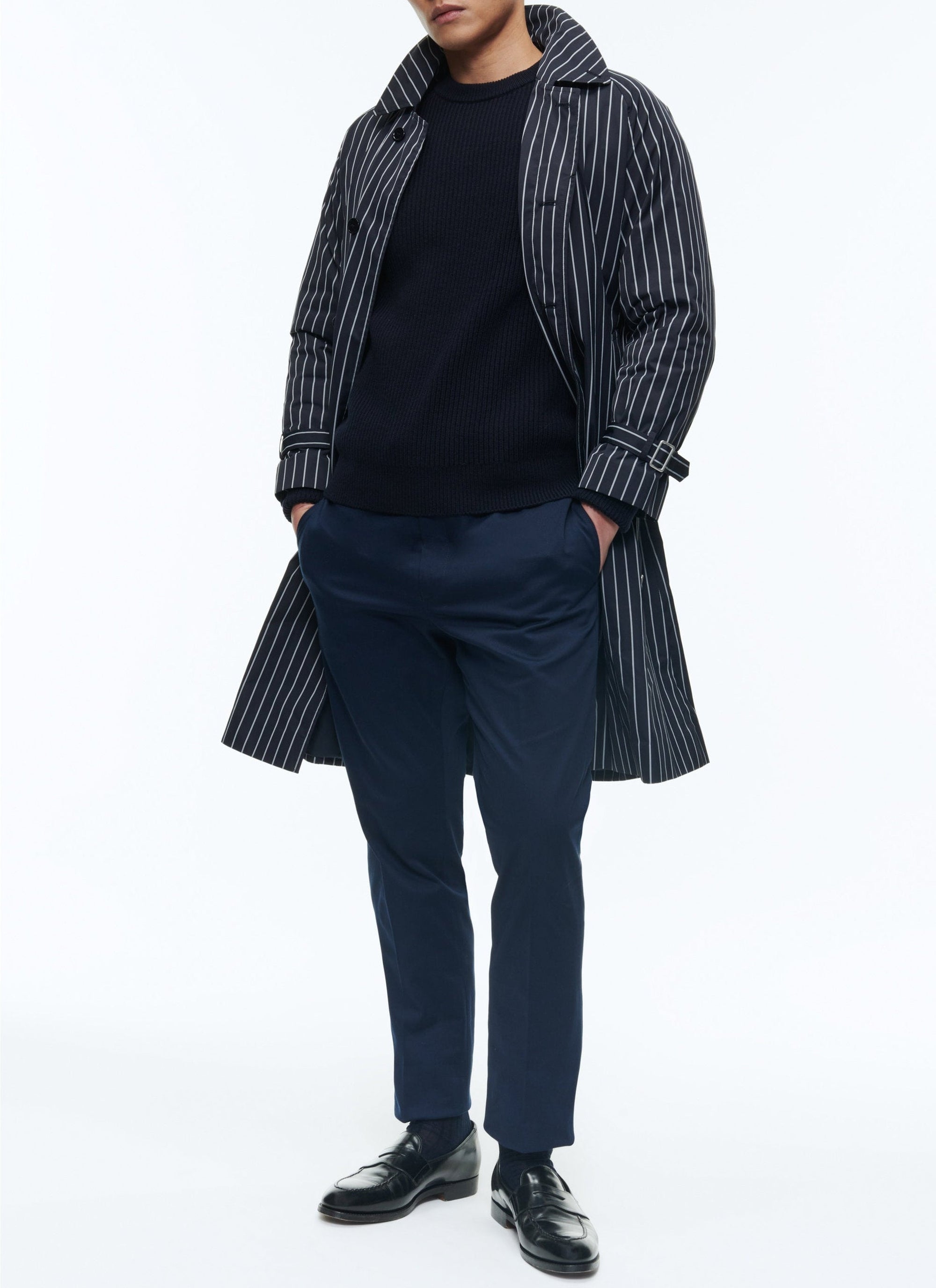 Belted long coat with stripes - Navy
