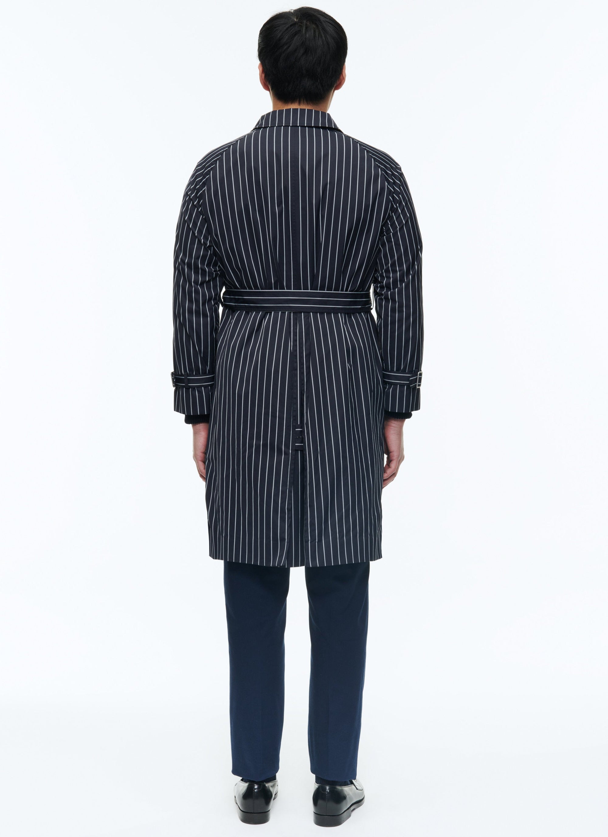 Belted long coat with stripes - Navy