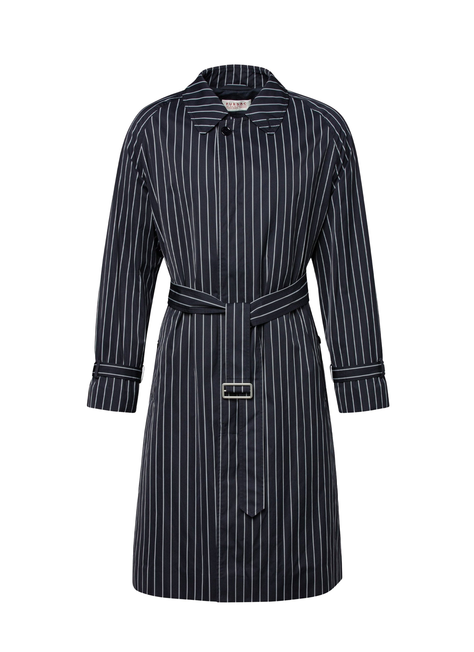 Belted long coat with stripes - Navy