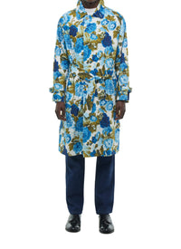 Manteau long à ceinture en coton et lin - Imprimé Fleuri Foncé