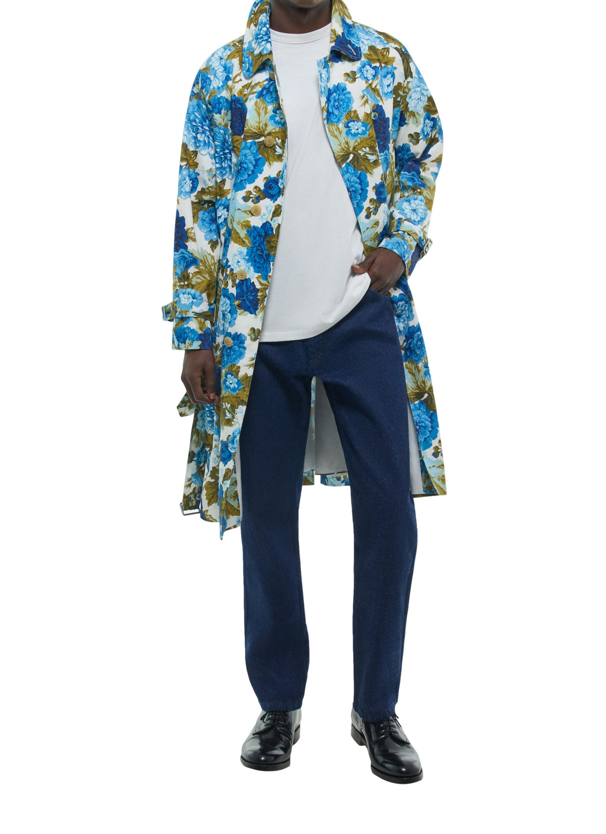 Manteau long à ceinture en coton et lin - Imprimé Fleuri Foncé