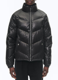 Padded jacket with high leather collar - Black