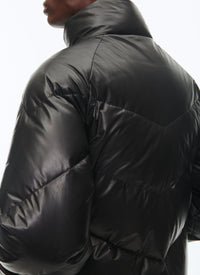 Padded jacket with high leather collar - Black
