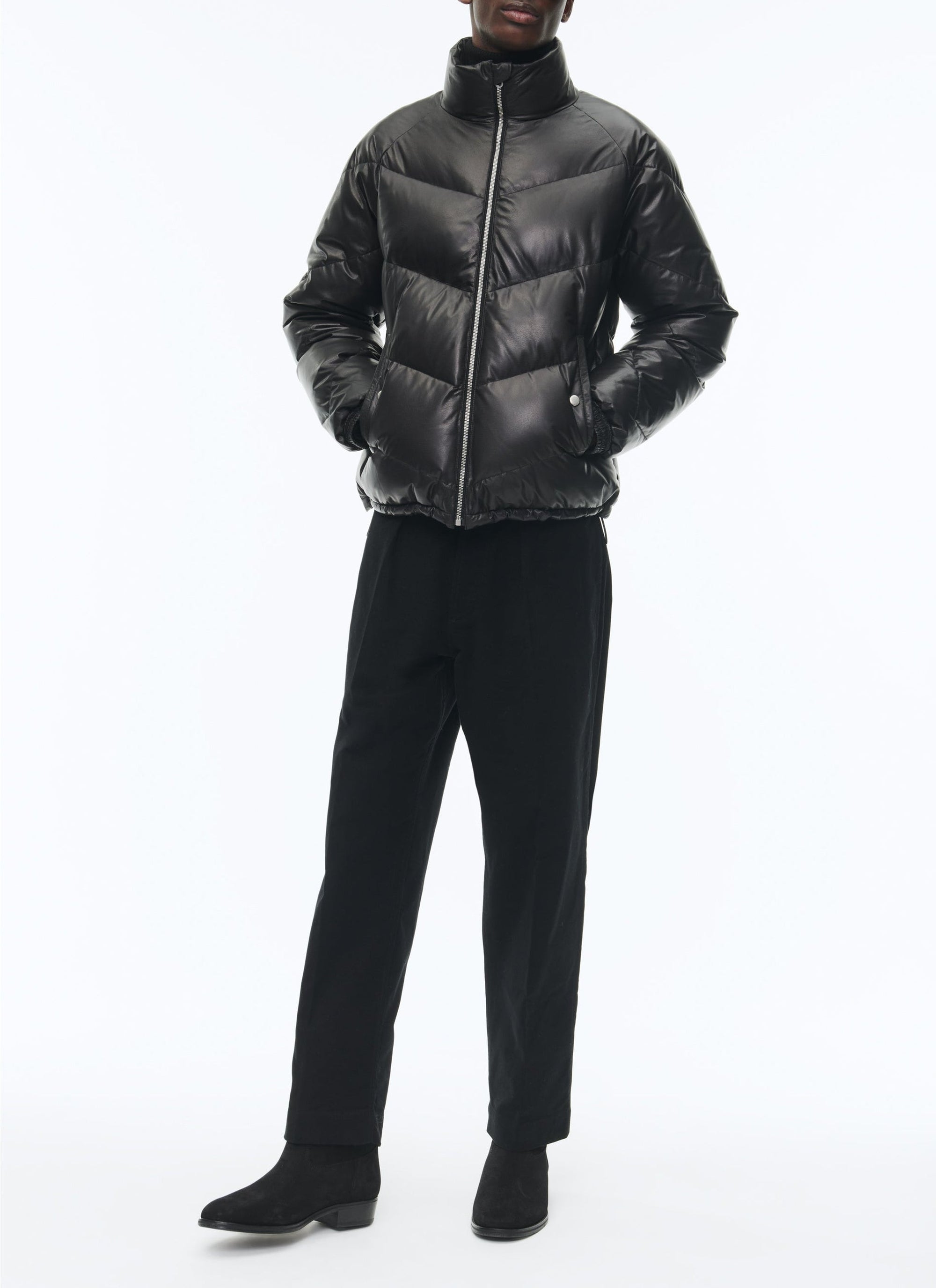 Padded jacket with high leather collar - Black