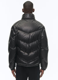Padded jacket with high leather collar - Black