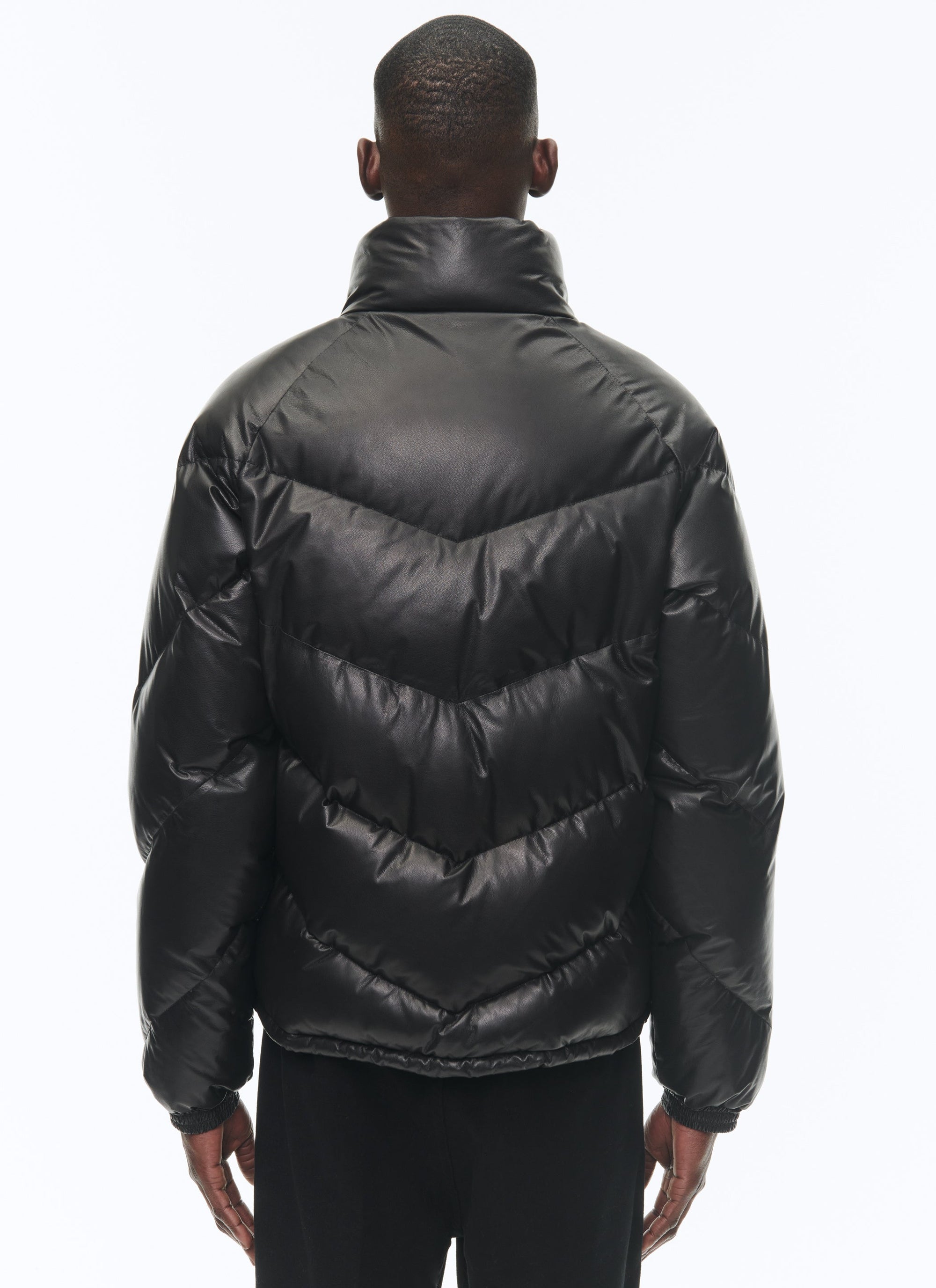 Padded jacket with high leather collar - Black