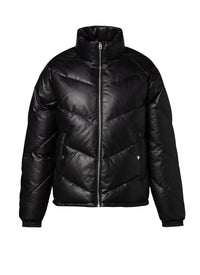 Padded jacket with high leather collar - Black