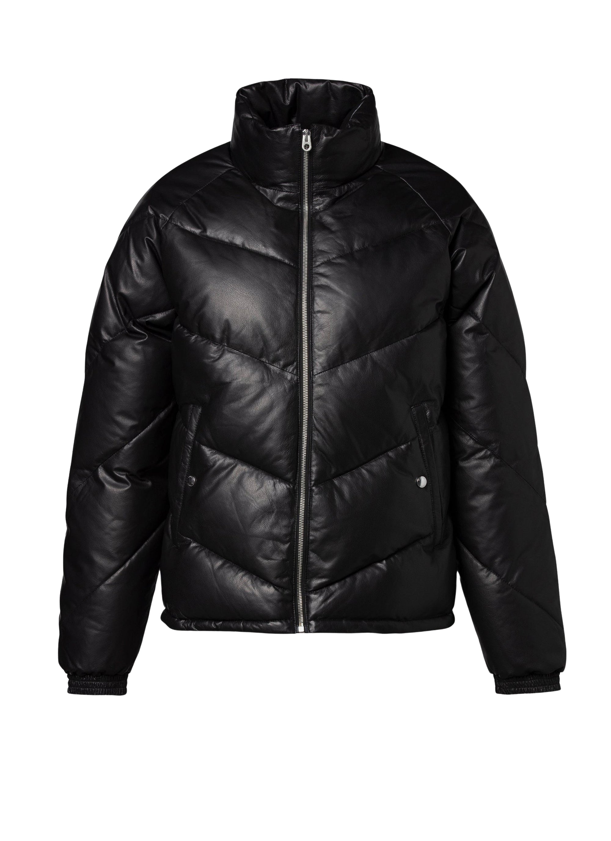 Padded jacket with high leather collar - Black