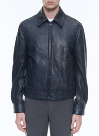 Blouson à fermeture éclair en cuir - Marine