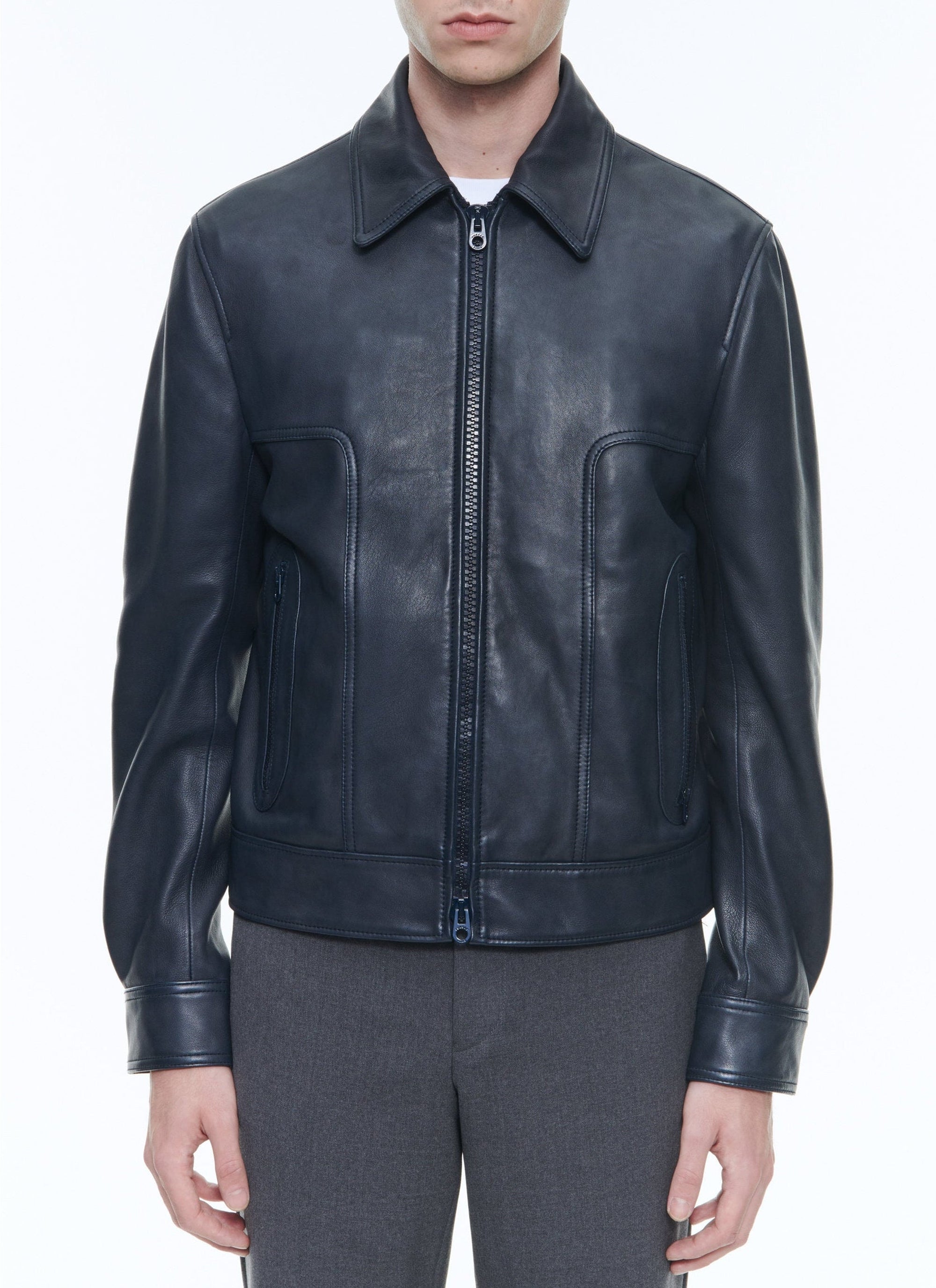 Blouson à fermeture éclair en cuir - Marine