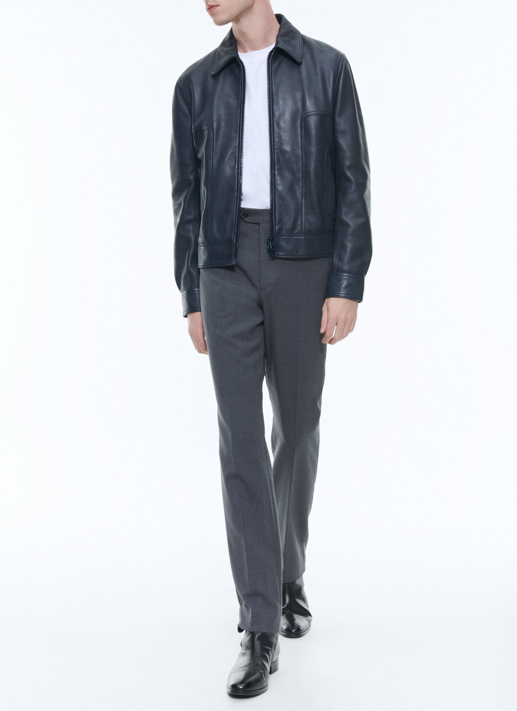 Blouson à fermeture éclair en cuir - Marine