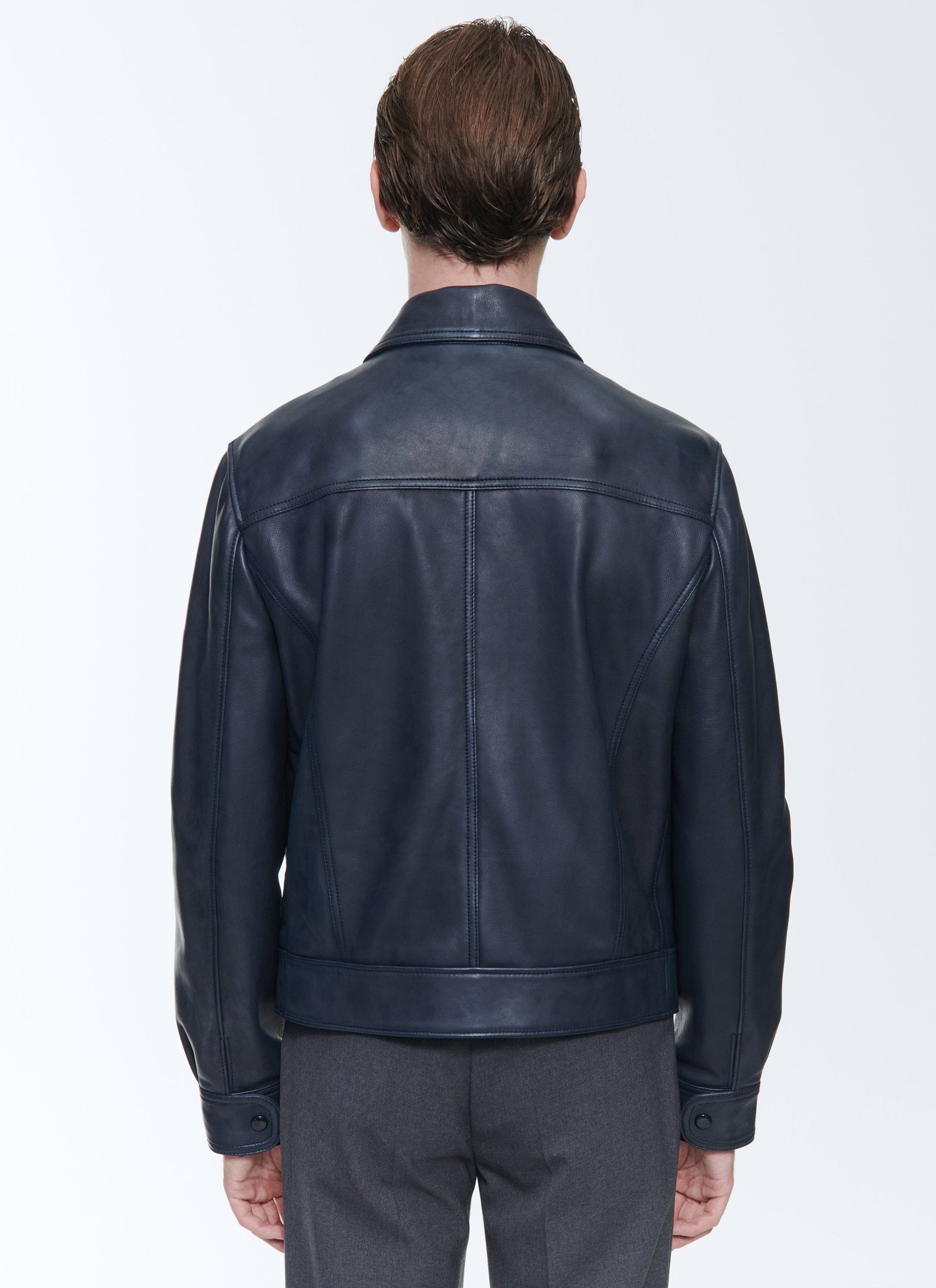 Blouson à fermeture éclair en cuir - Marine