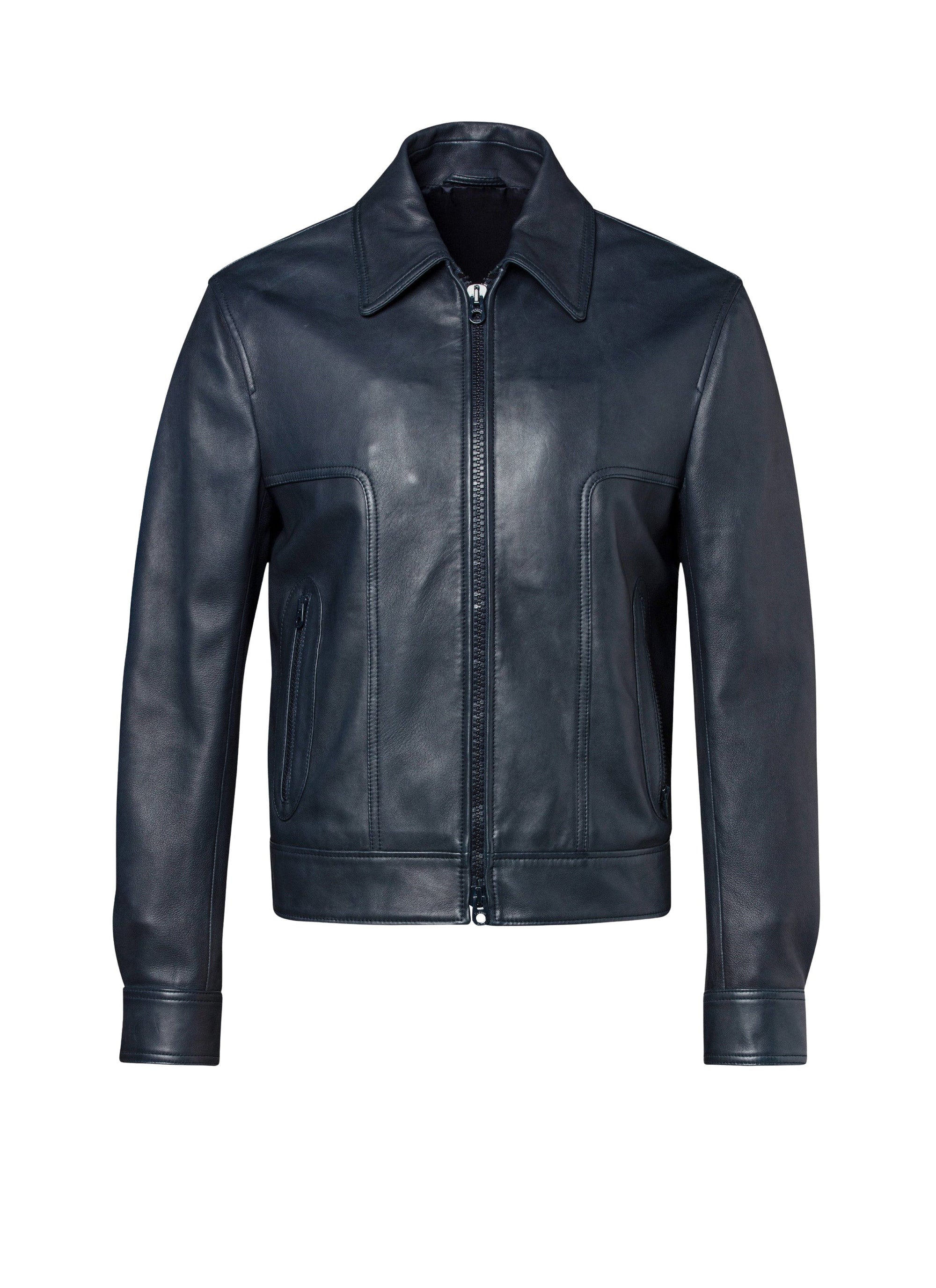 Blouson à fermeture éclair en cuir - Marine