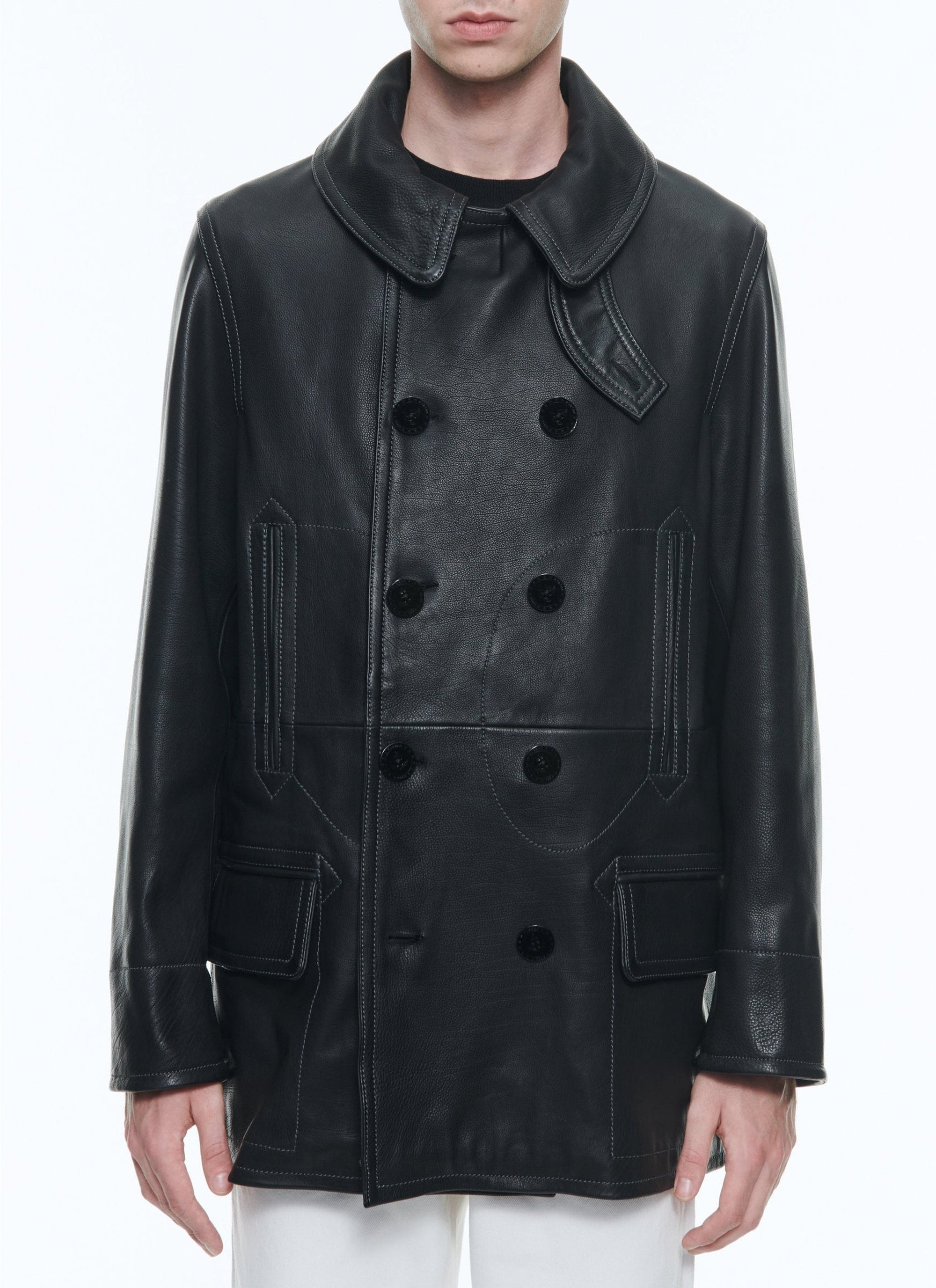 Caban avec surpiqûres en cuir - Noir